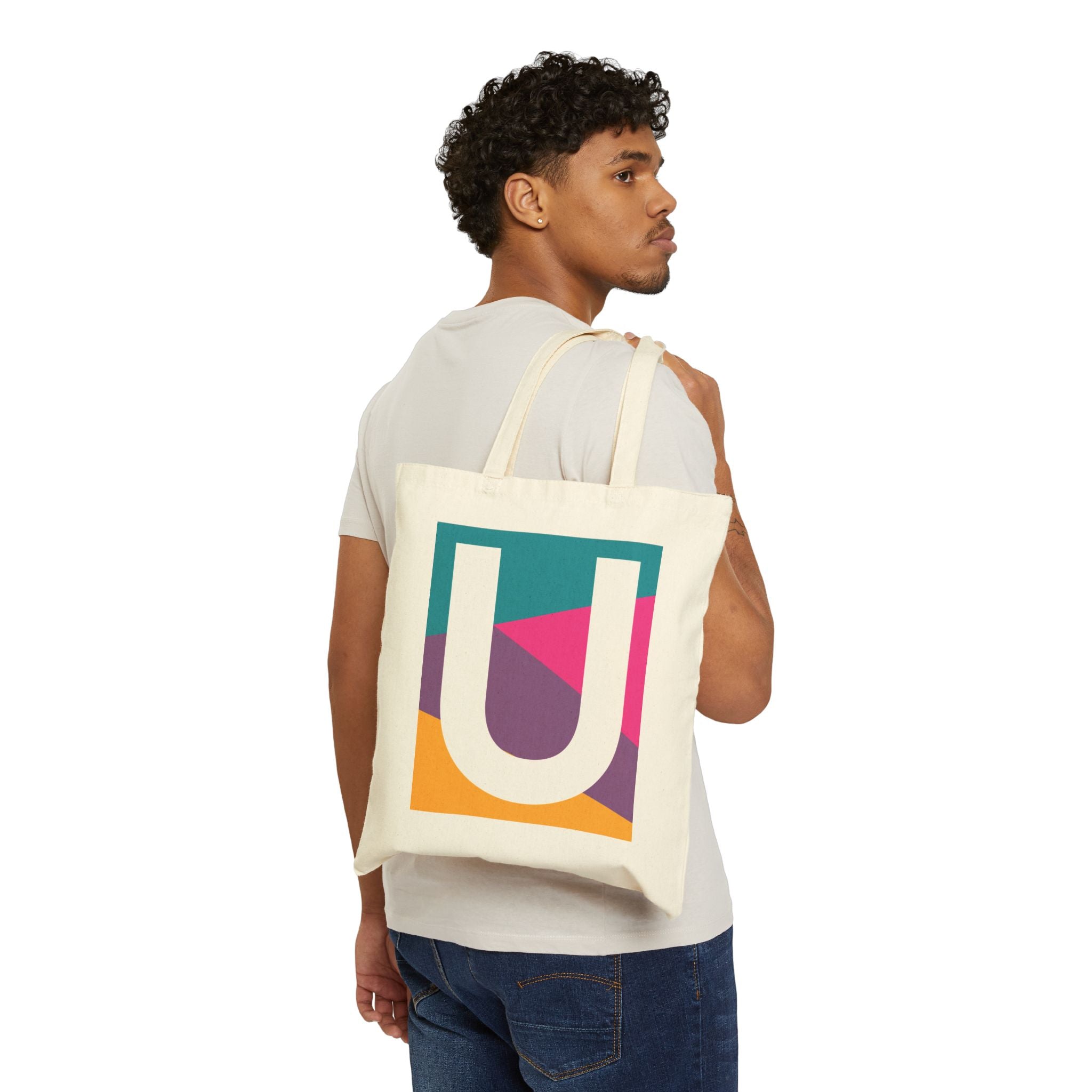 Initial U Colorblock Canvas Tote Bag — Monogram Letter U Reusable Grocery Tote