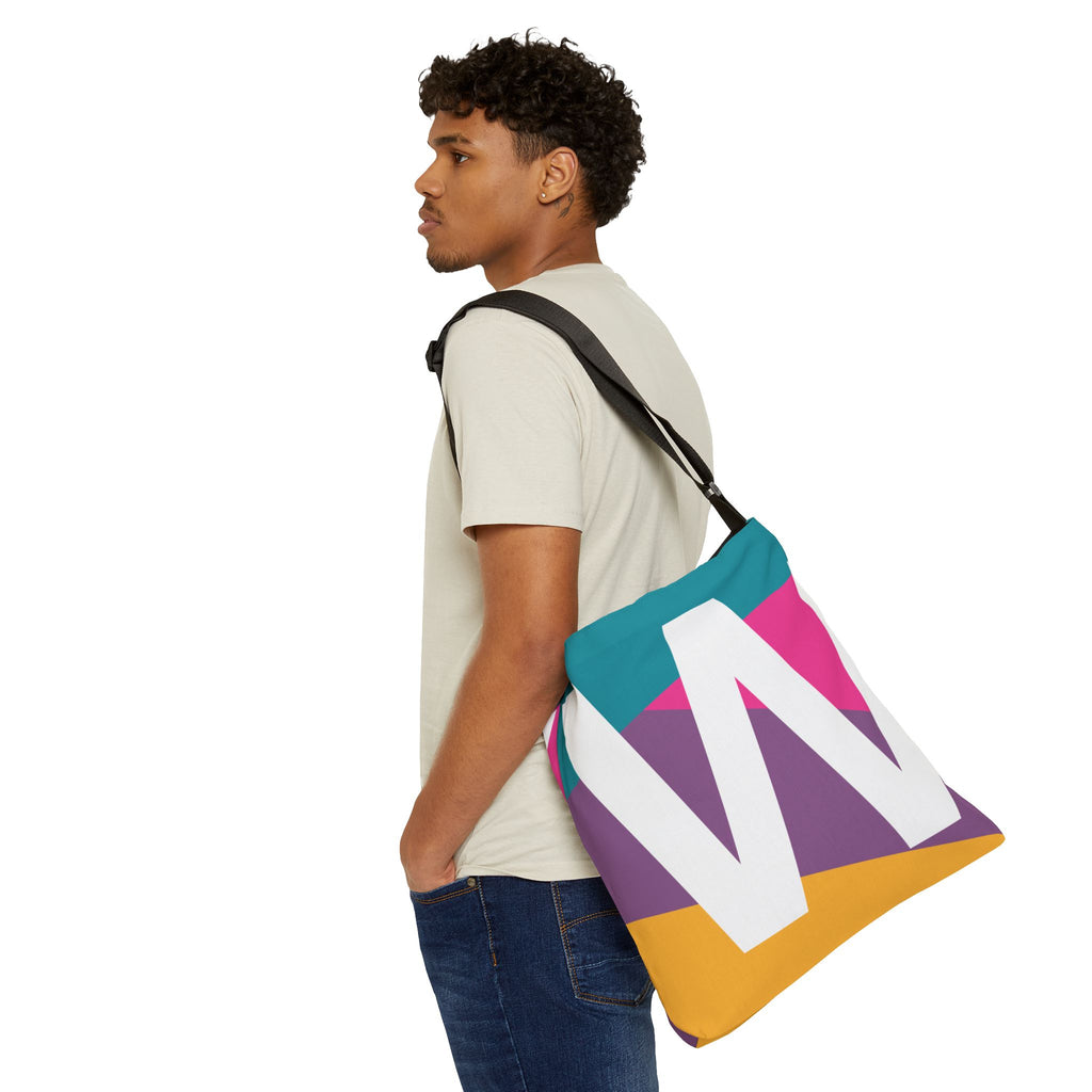 Initial Letter 'W' Colorblock Adjustable Tote Bag — Monogram Alphabet Shoulder Bag