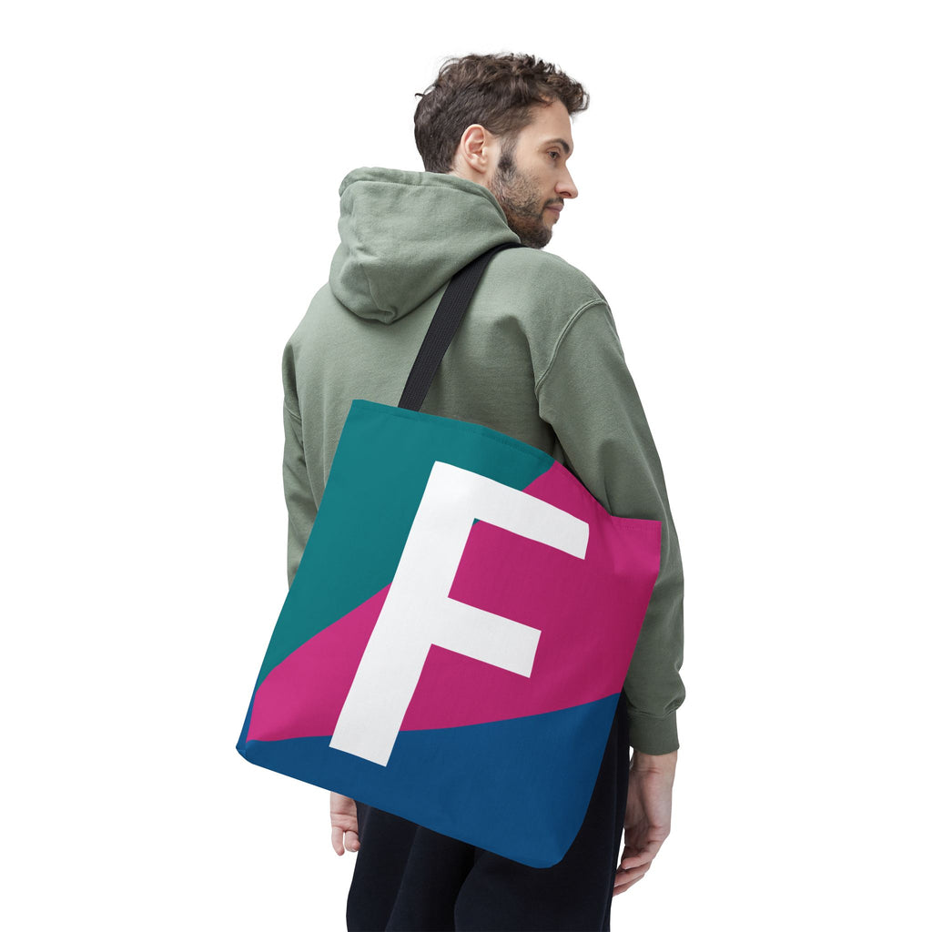 Monogram 'F' Colorblock Tote Bag — Personalized Initial F Shoulder Tote