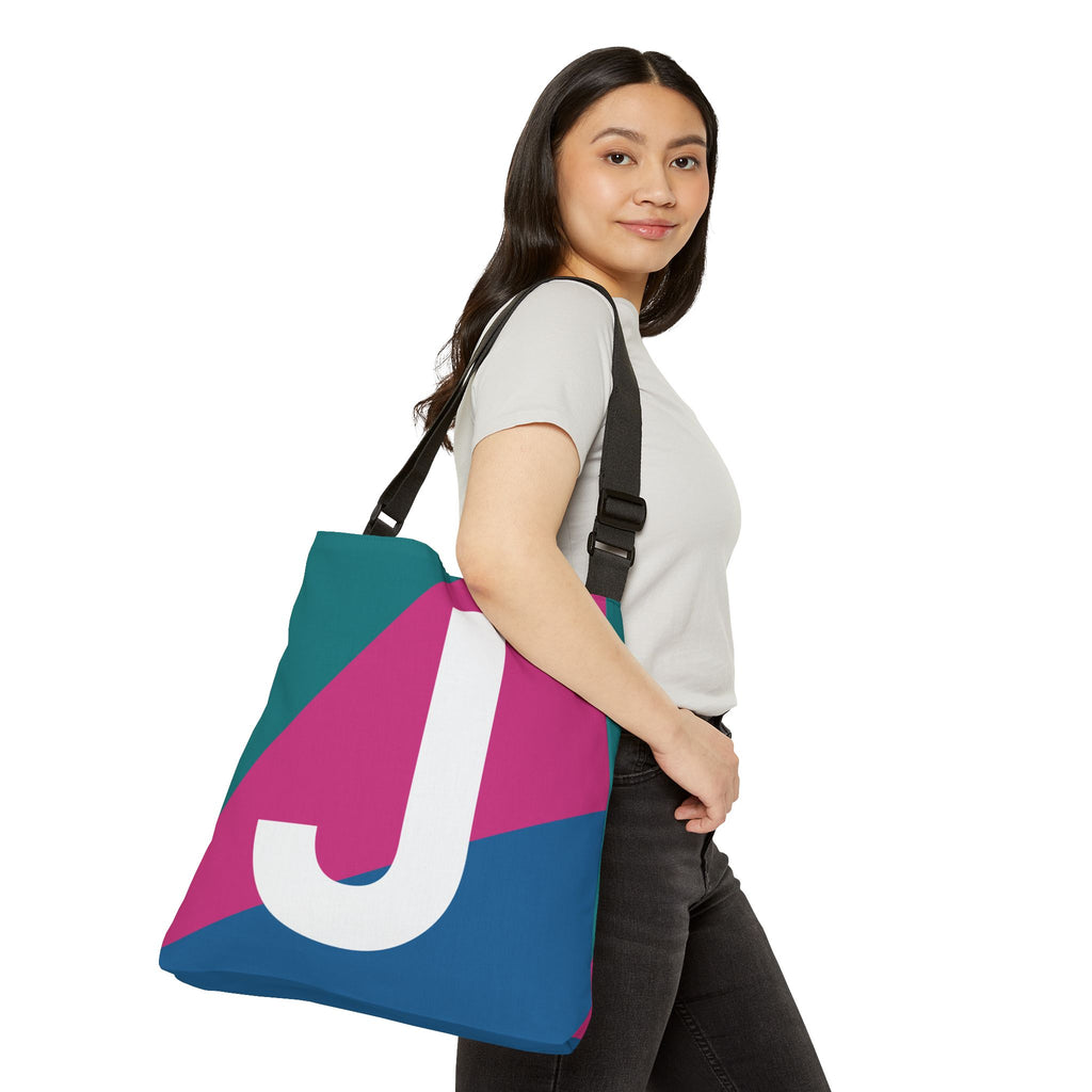 Initial Letter 'J' Colorblock Adjustable Tote Bag — Monogram Alphabet Shoulder Bag
