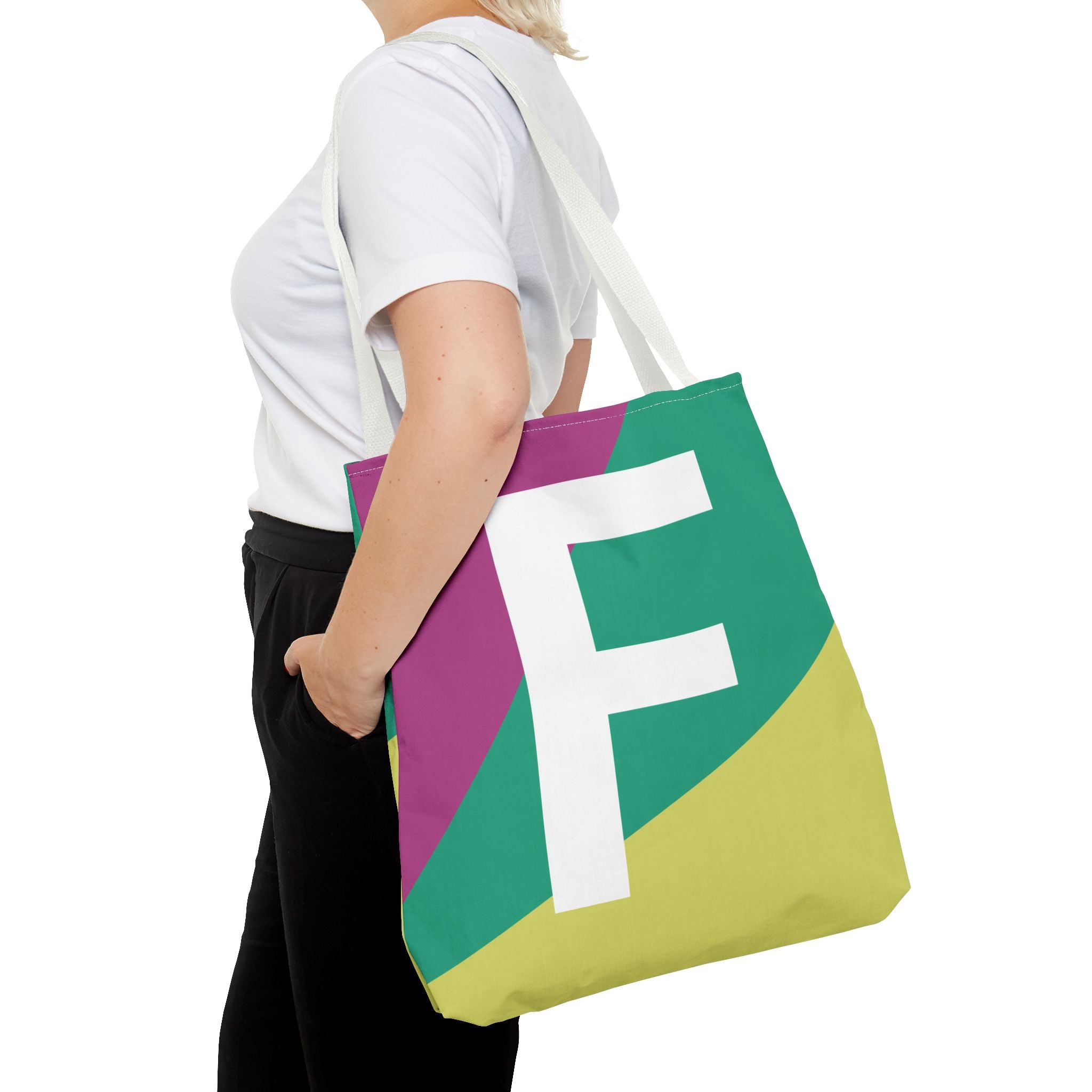 Monogram 'F' Colorblock Tote Bag — Personalized Initial F Shoulder Tote
