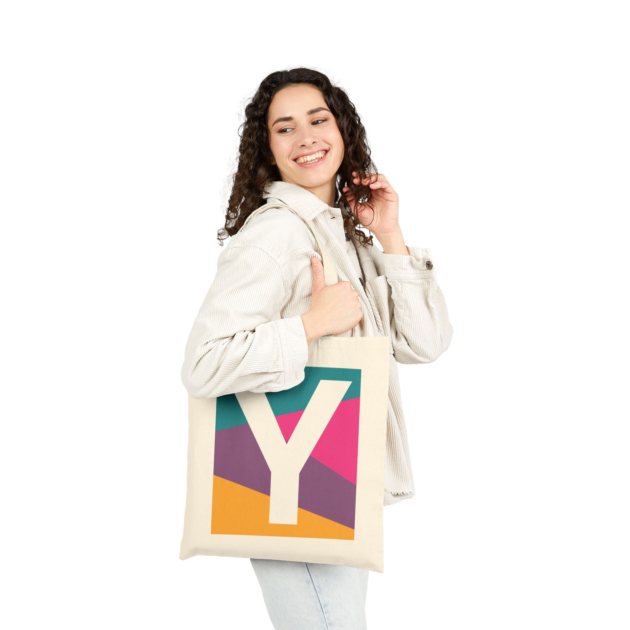 Initial Y Colorblock Canvas Tote Bag — Monogram Letter Y Reusable Grocery Tote