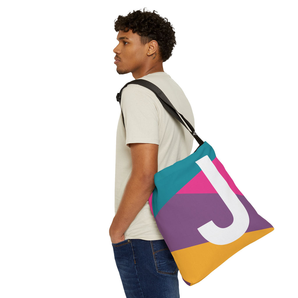 Initial Letter 'J' Colorblock Adjustable Tote Bag — Monogram Alphabet Shoulder Bag
