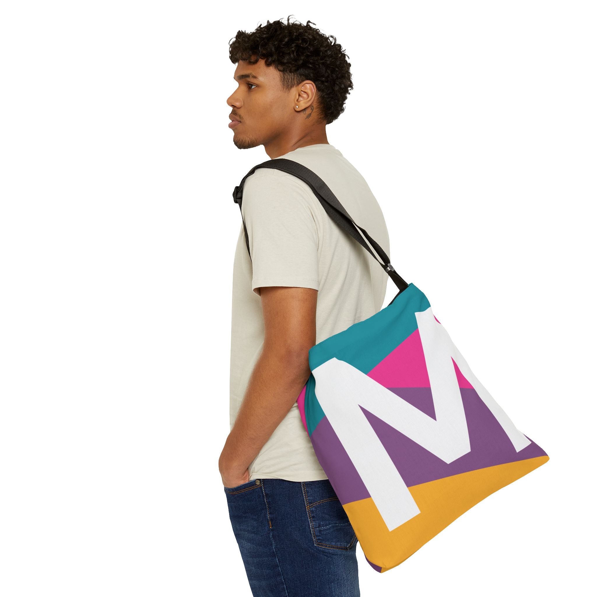 Initial Letter 'M' Colorblock Adjustable Tote Bag — Monogram Alphabet Shoulder Bag