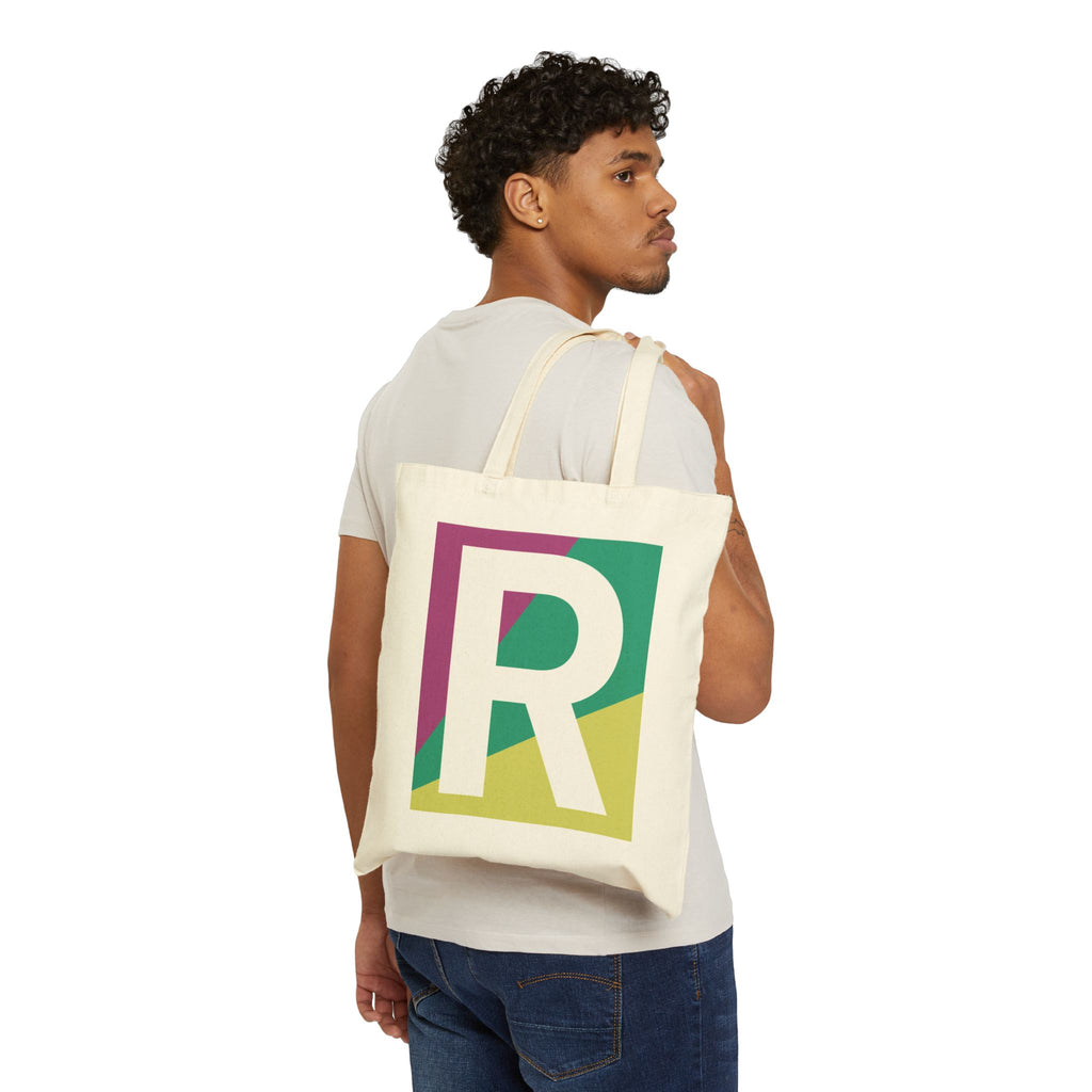Initial R Colorblock Canvas Tote Bag — Monogram Letter R Reusable Grocery Tote