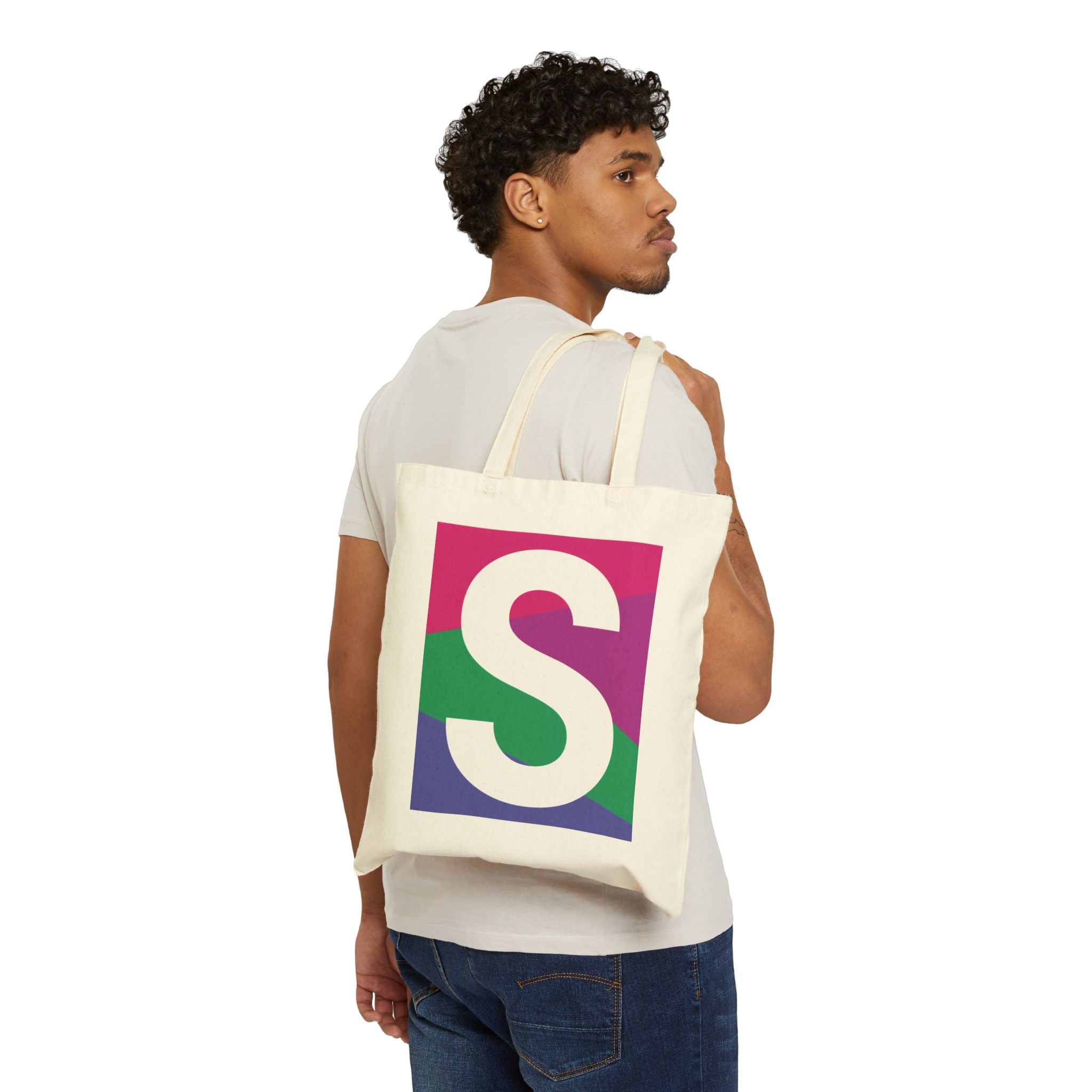 Initial S Colorblock Canvas Tote Bag — Monogram Letter S Reusable Grocery Tote