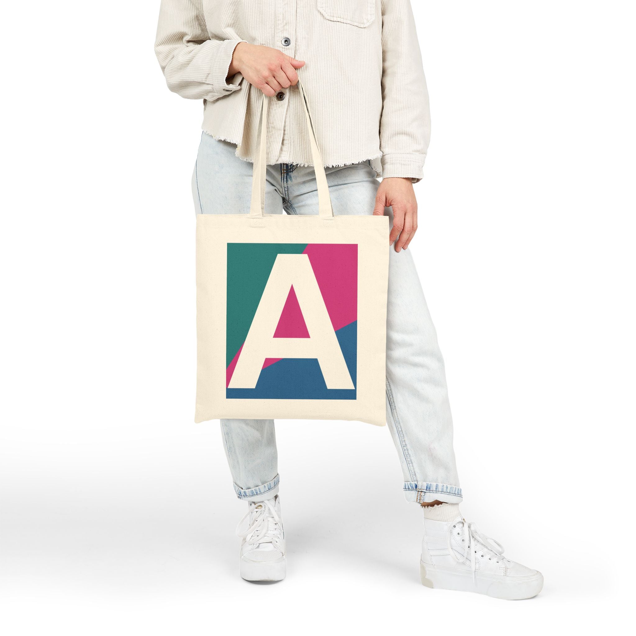 Initial A Colorblock Canvas Tote Bag — Monogram Letter A Reusable Grocery Tote