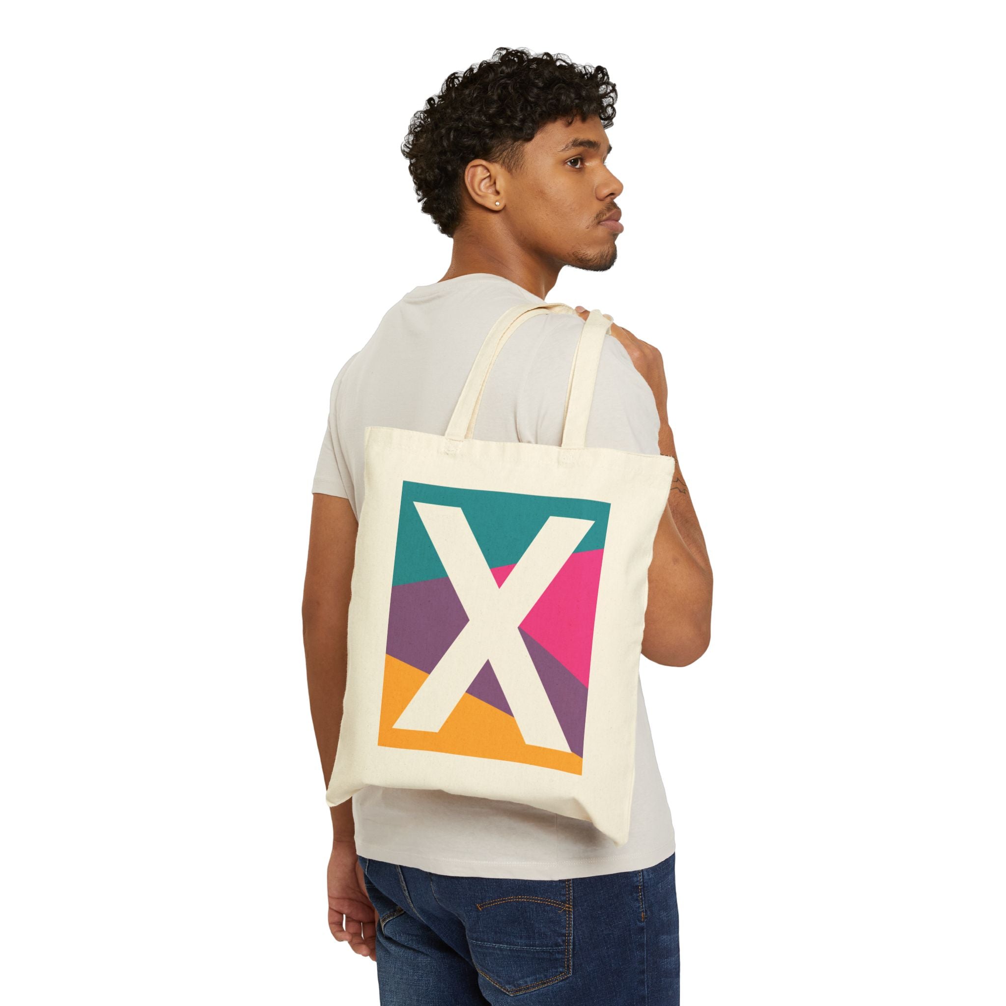Initial X Colorblock Canvas Tote Bag — Monogram Letter X Reusable Grocery Tote
