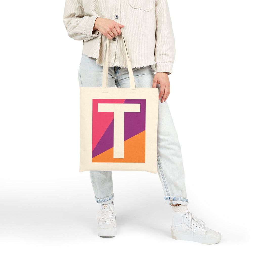 Initial T Colorblock Canvas Tote Bag — Monogram Letter T Reusable Grocery Tote