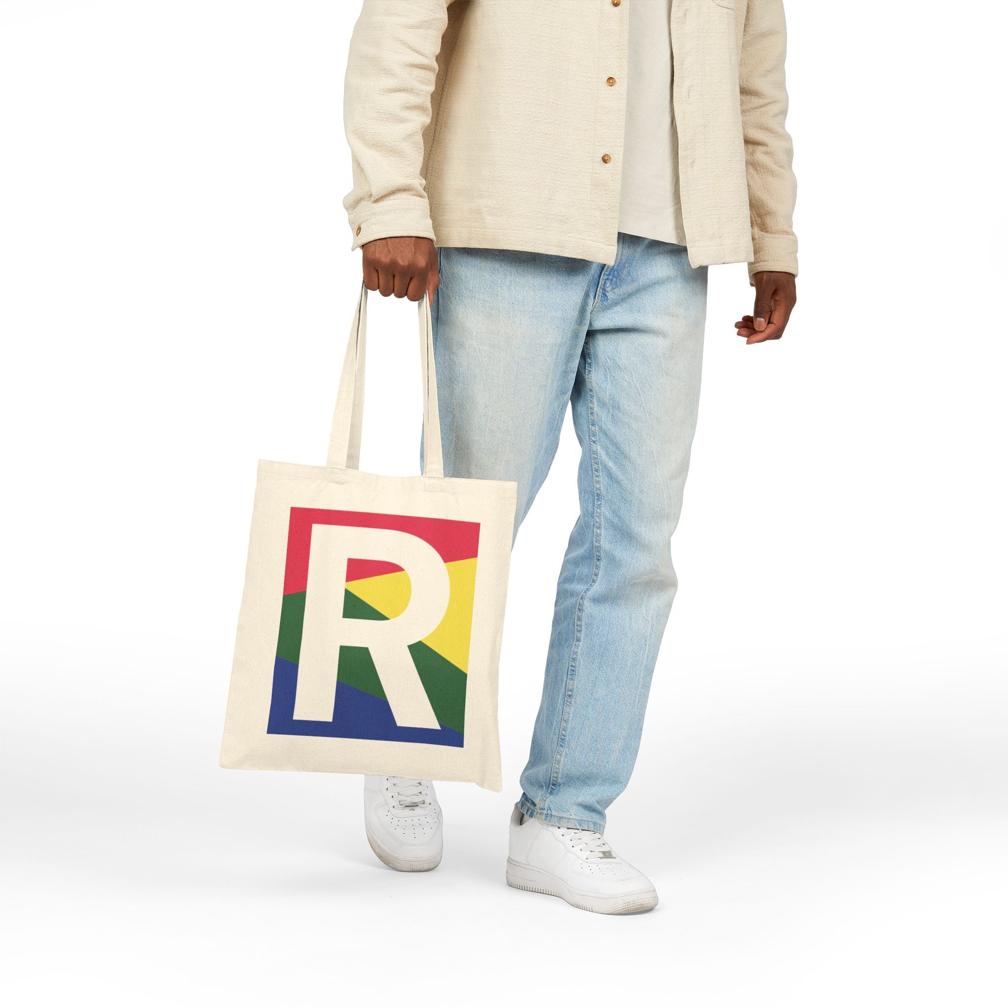 Initial R Colorblock Canvas Tote Bag — Monogram Letter R Reusable Grocery Tote
