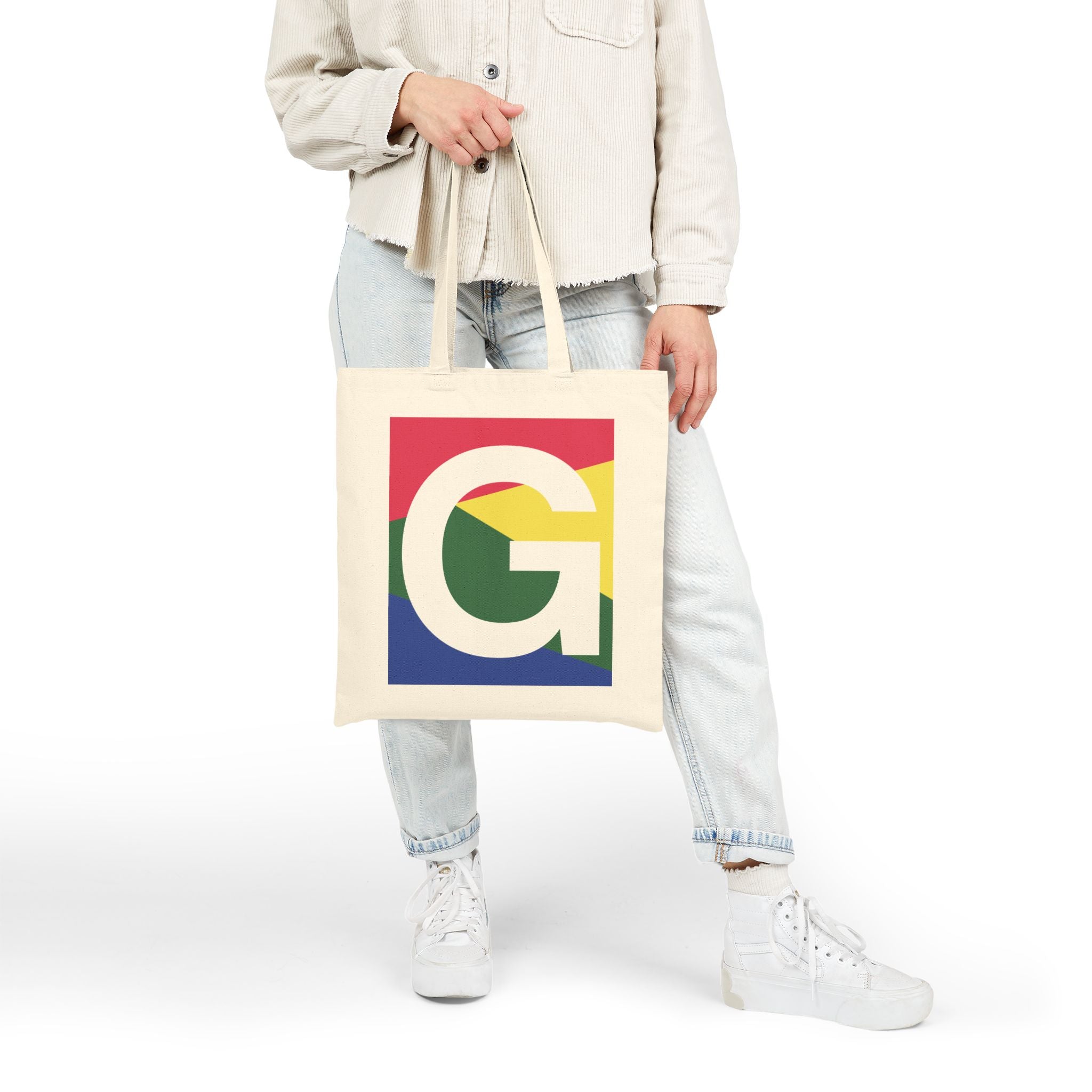 Initial G Colorblock Canvas Tote Bag — Monogram Letter G Reusable Grocery Tote