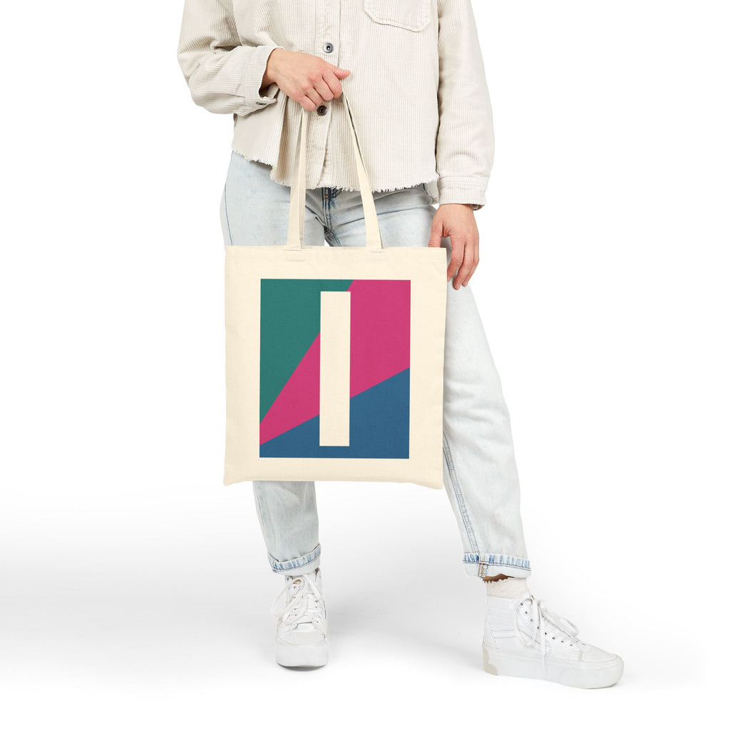 Initial I Colorblock Canvas Tote Bag — Monogram Letter I Reusable Grocery Tote