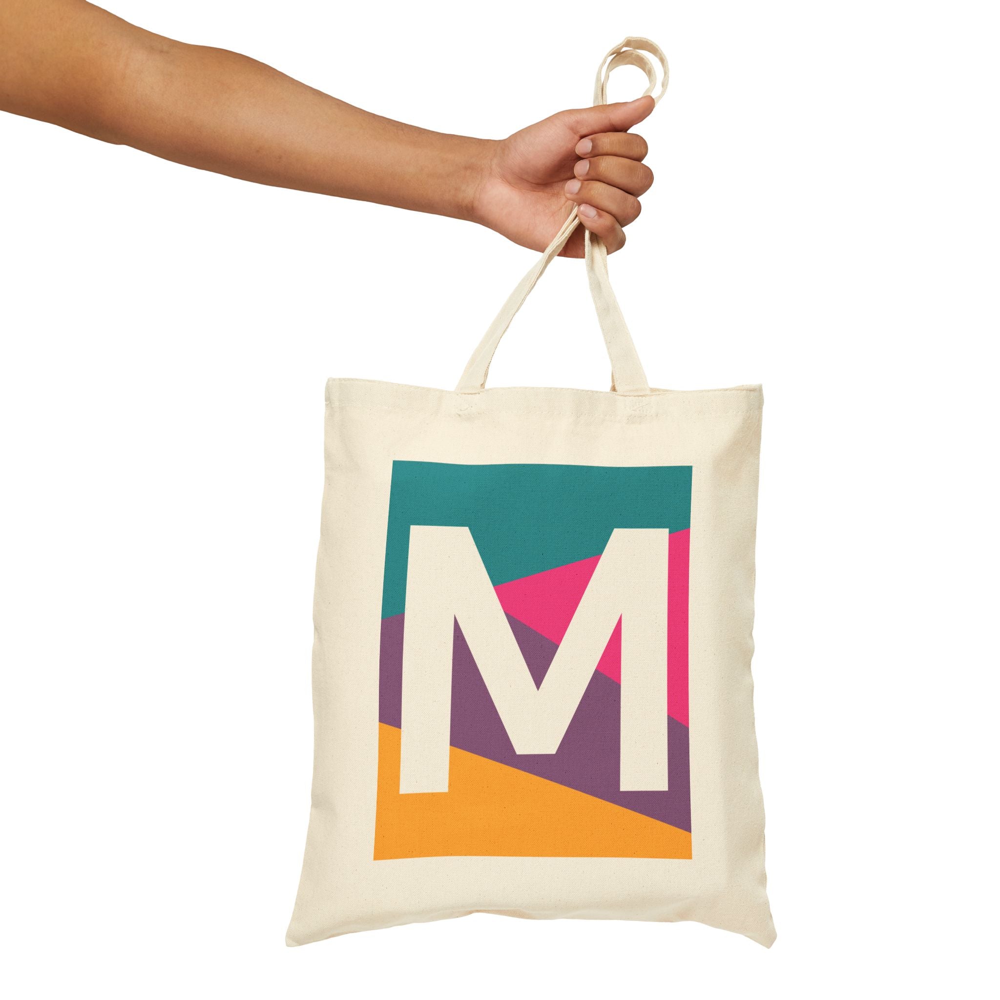 Initial M Colorblock Canvas Tote Bag — Monogram Letter M Reusable Grocery Tote