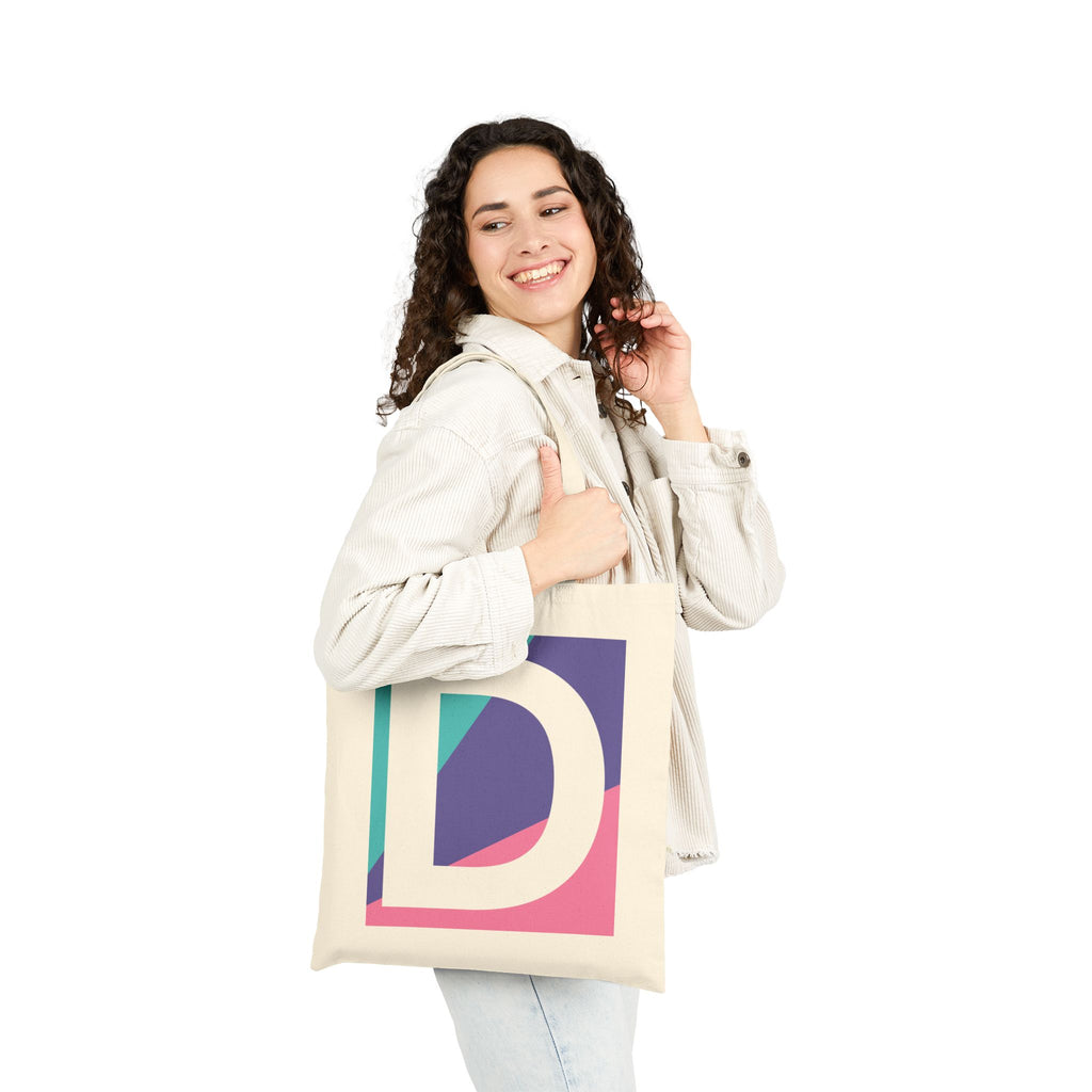 Initial D Colorblock Canvas Tote Bag — Monogram Letter D Reusable Grocery Tote