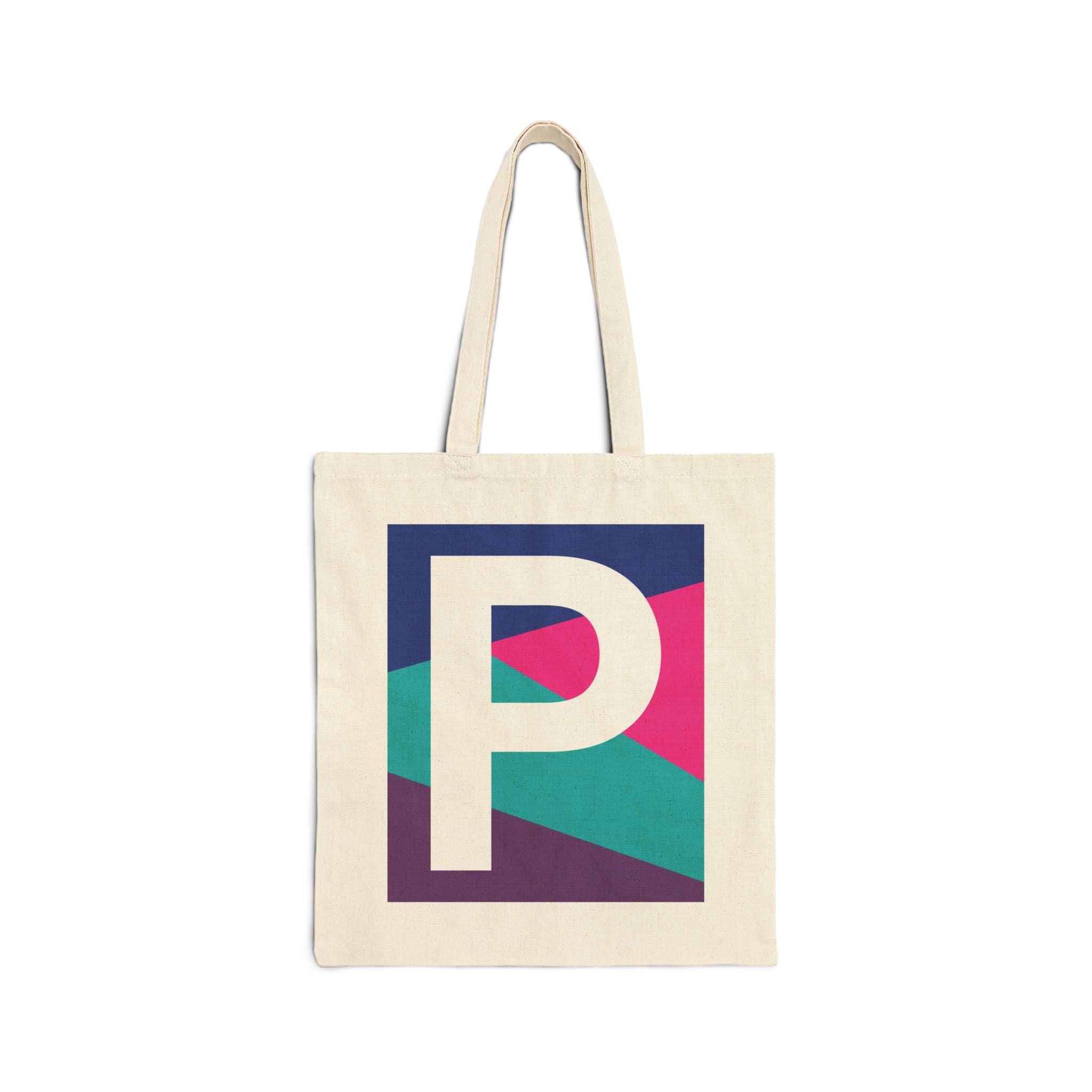 Initial P Colorblock Canvas Tote Bag — Monogram Letter P Reusable Grocery Tote