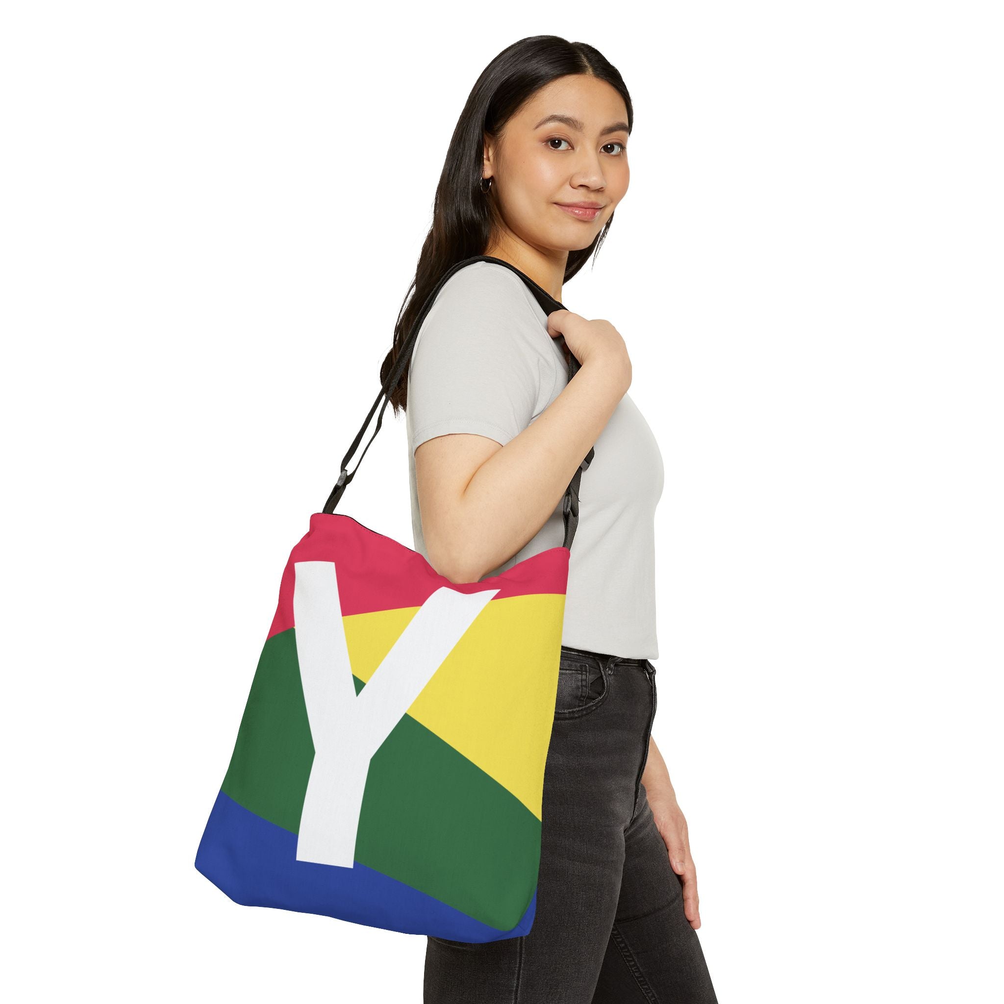 Initial Letter 'Y' Colorblock Adjustable Tote Bag — Monogram Alphabet Shoulder Bag