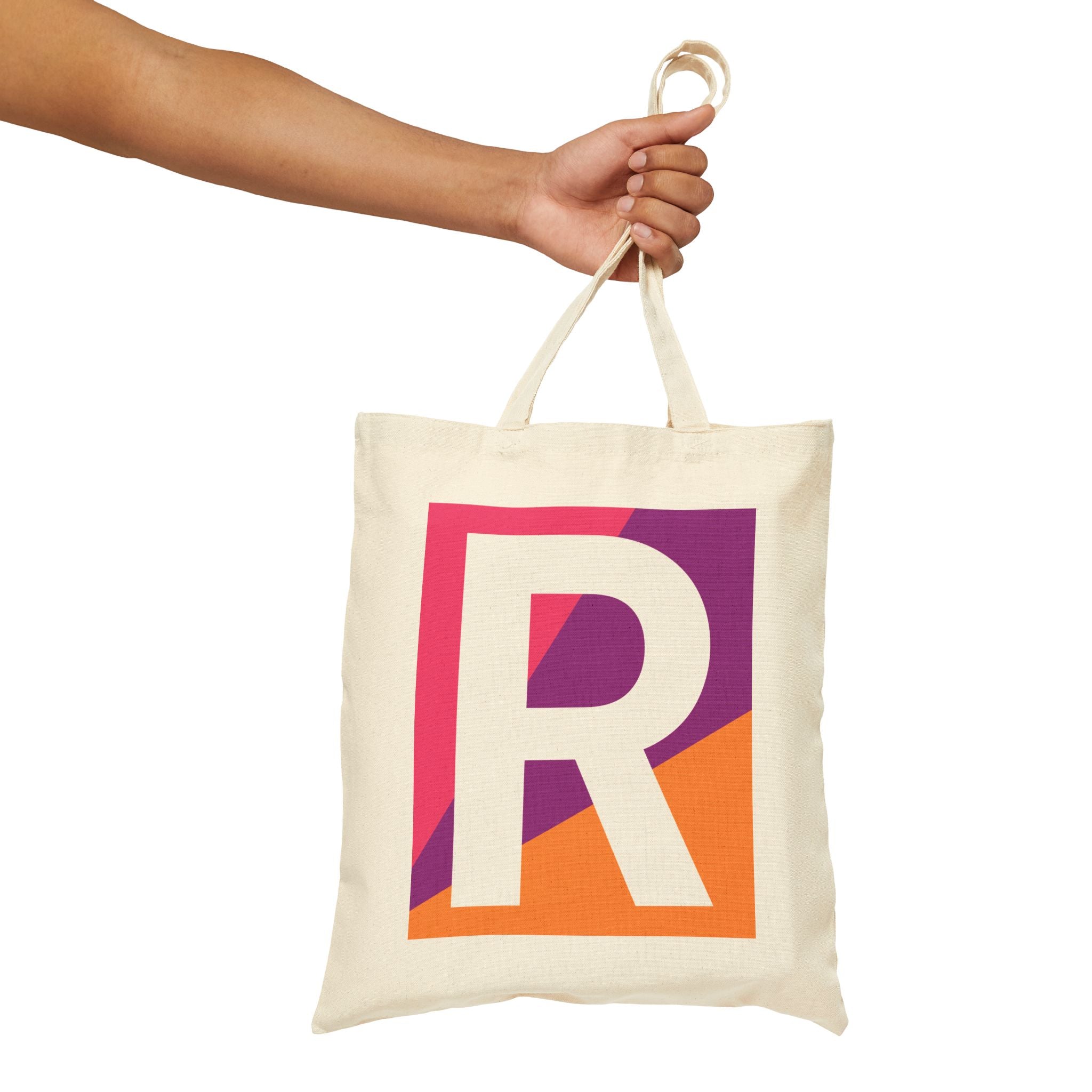 Initial R Colorblock Canvas Tote Bag — Monogram Letter R Reusable Grocery Tote