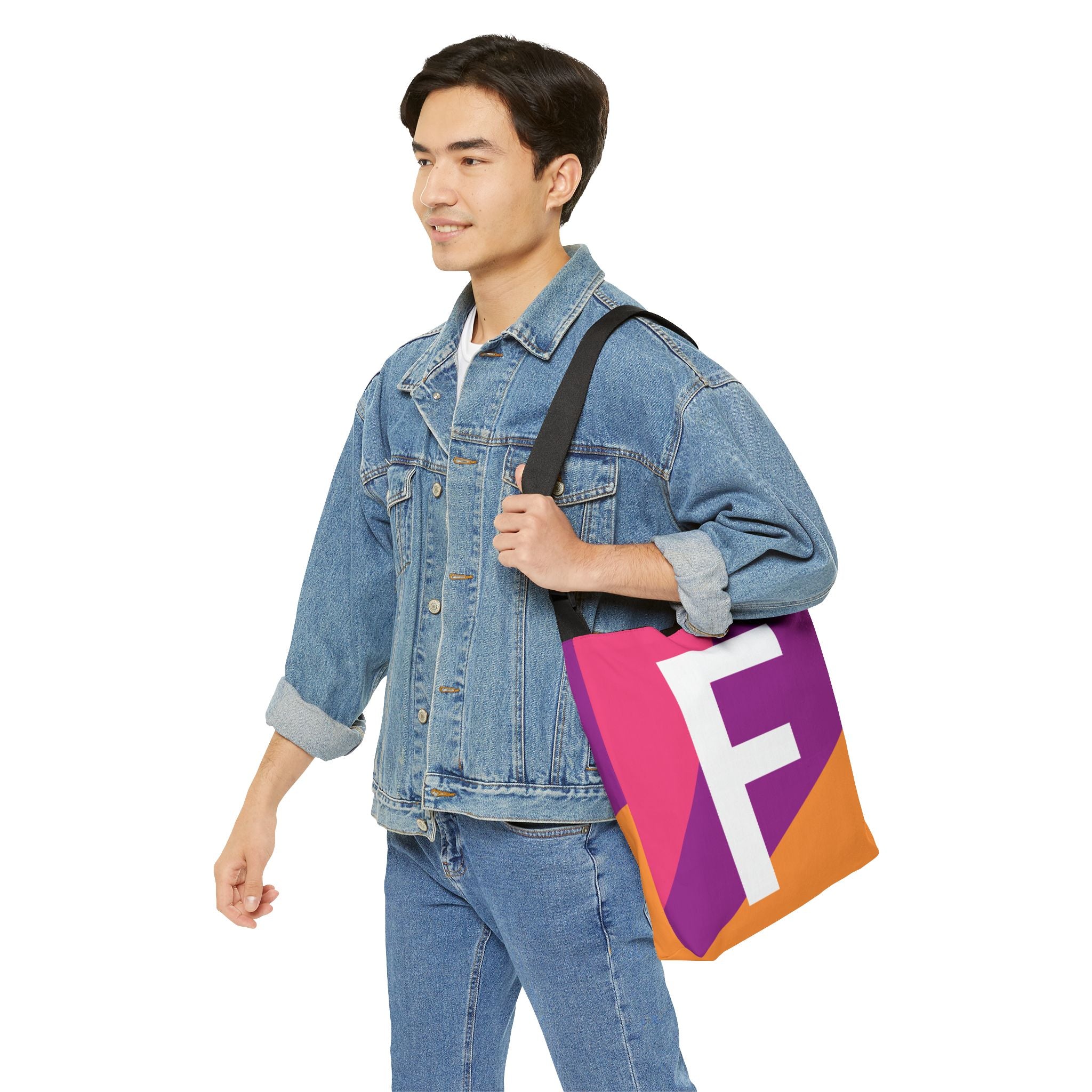 Initial Letter 'F' Colorblock Adjustable Tote Bag — Monogram Alphabet Shoulder Bag