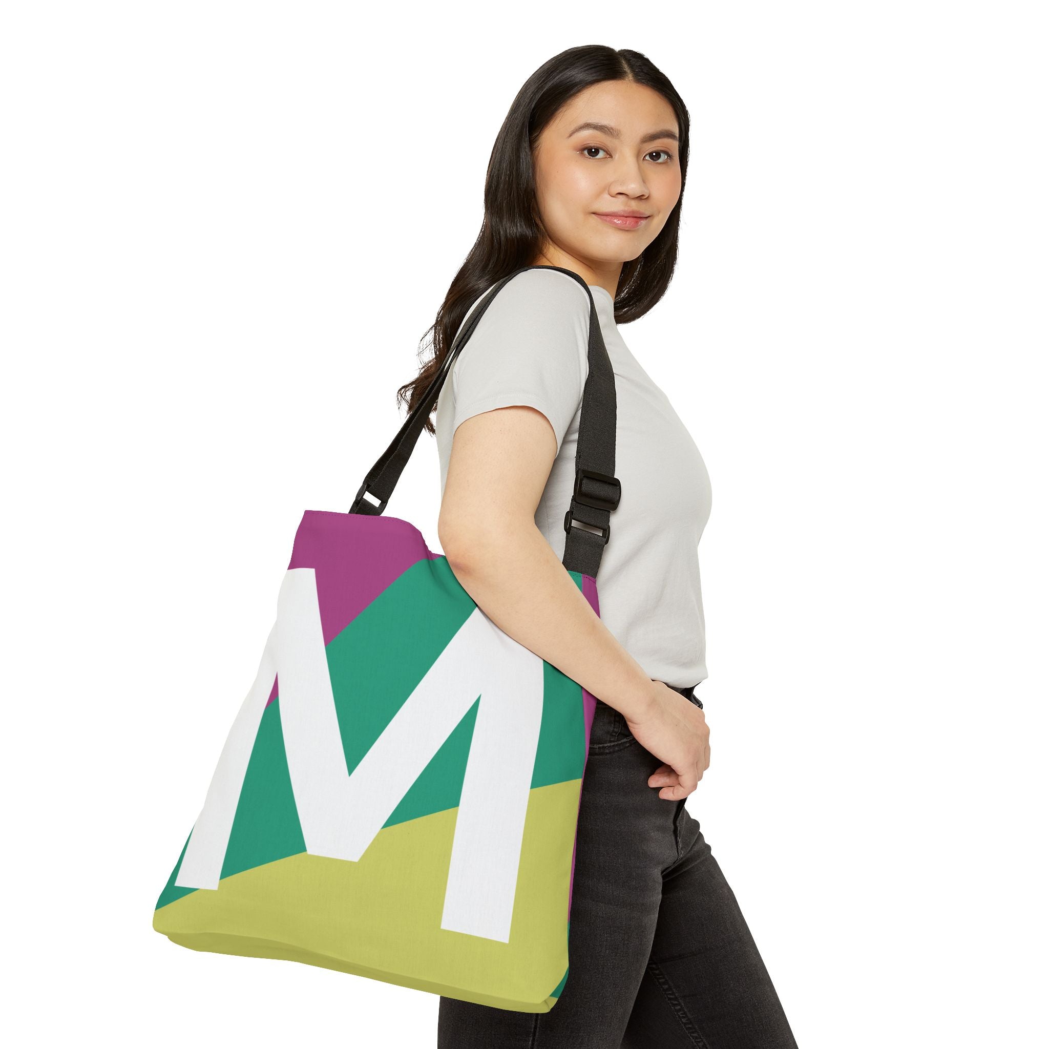 Initial Letter 'M' Colorblock Adjustable Tote Bag — Monogram Alphabet Shoulder Bag