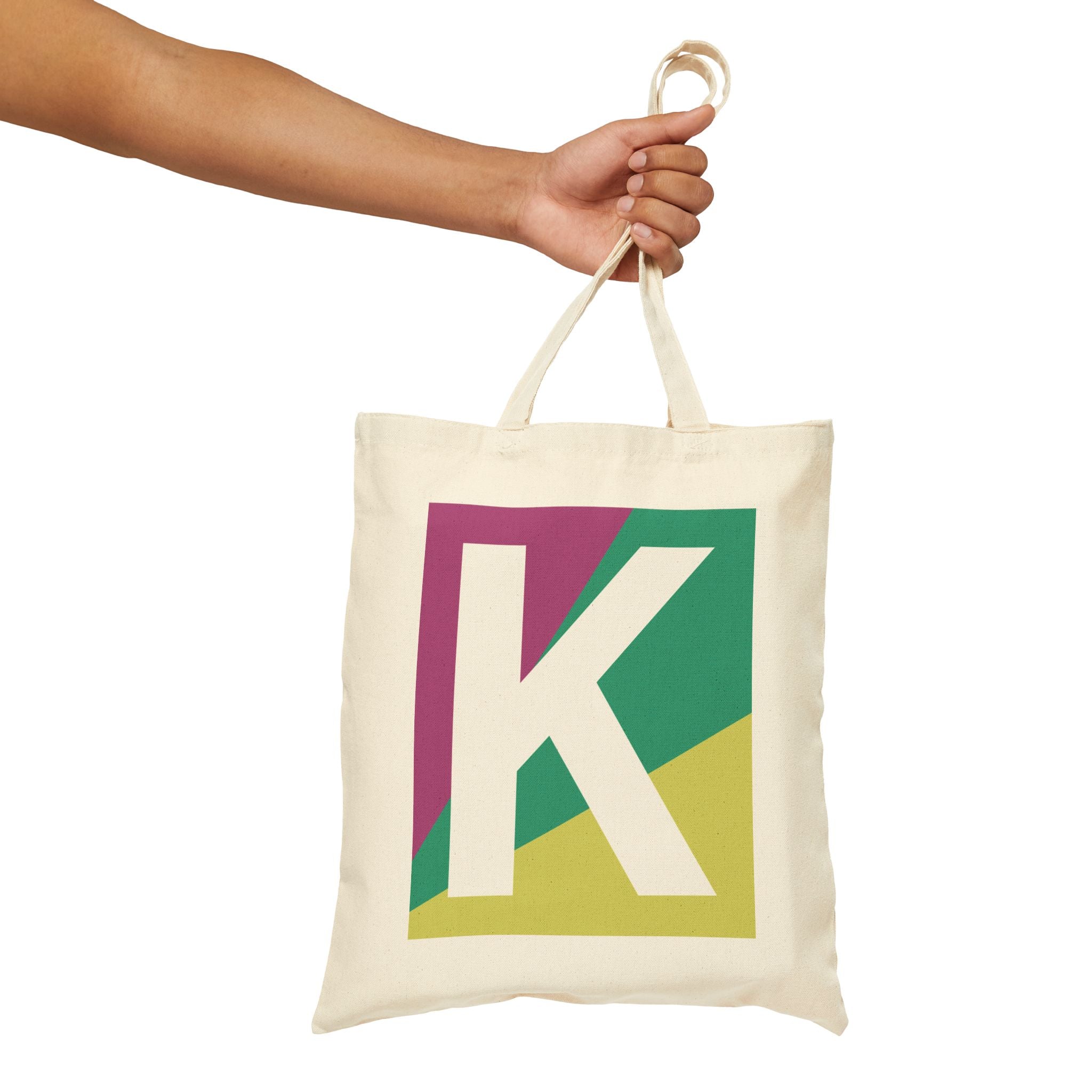 Initial K Colorblock Canvas Tote Bag — Monogram Letter K Reusable Grocery Tote
