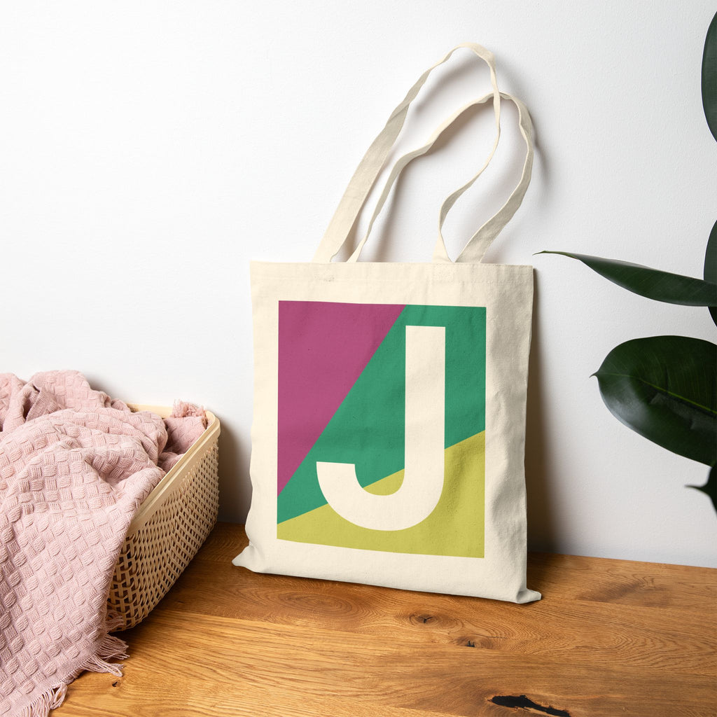 Initial J Colorblock Canvas Tote Bag — Monogram Letter J Reusable Grocery Tote