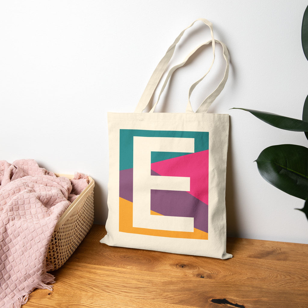 Initial E Colorblock Canvas Tote Bag — Monogram Letter E Reusable Grocery Tote