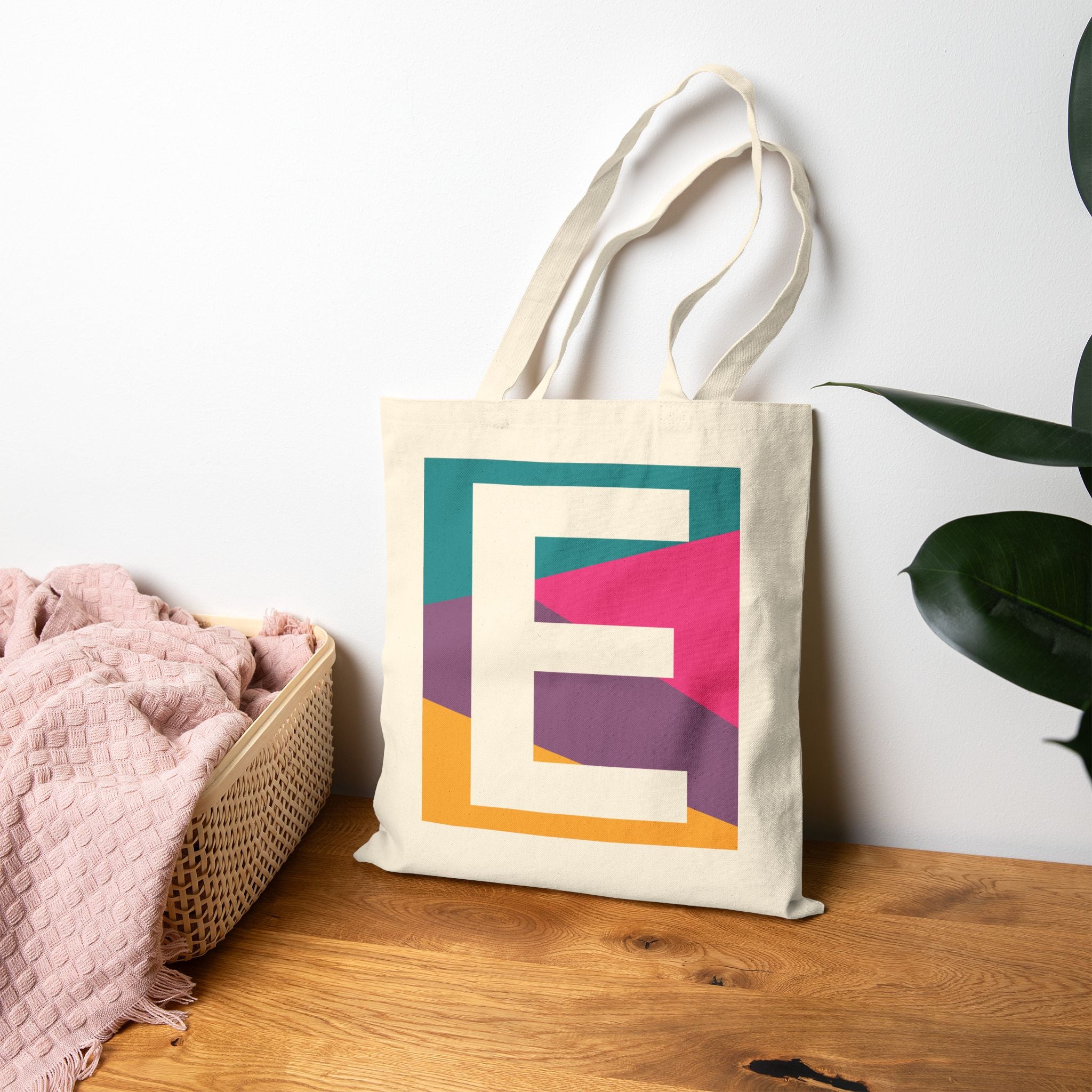 Initial E Colorblock Canvas Tote Bag — Monogram Letter E Reusable Grocery Tote