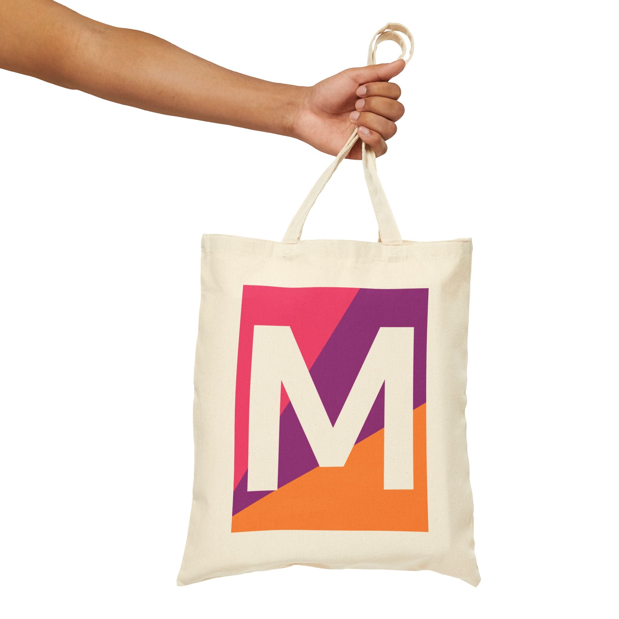 Initial M Colorblock Canvas Tote Bag — Monogram Letter M Reusable Grocery Tote