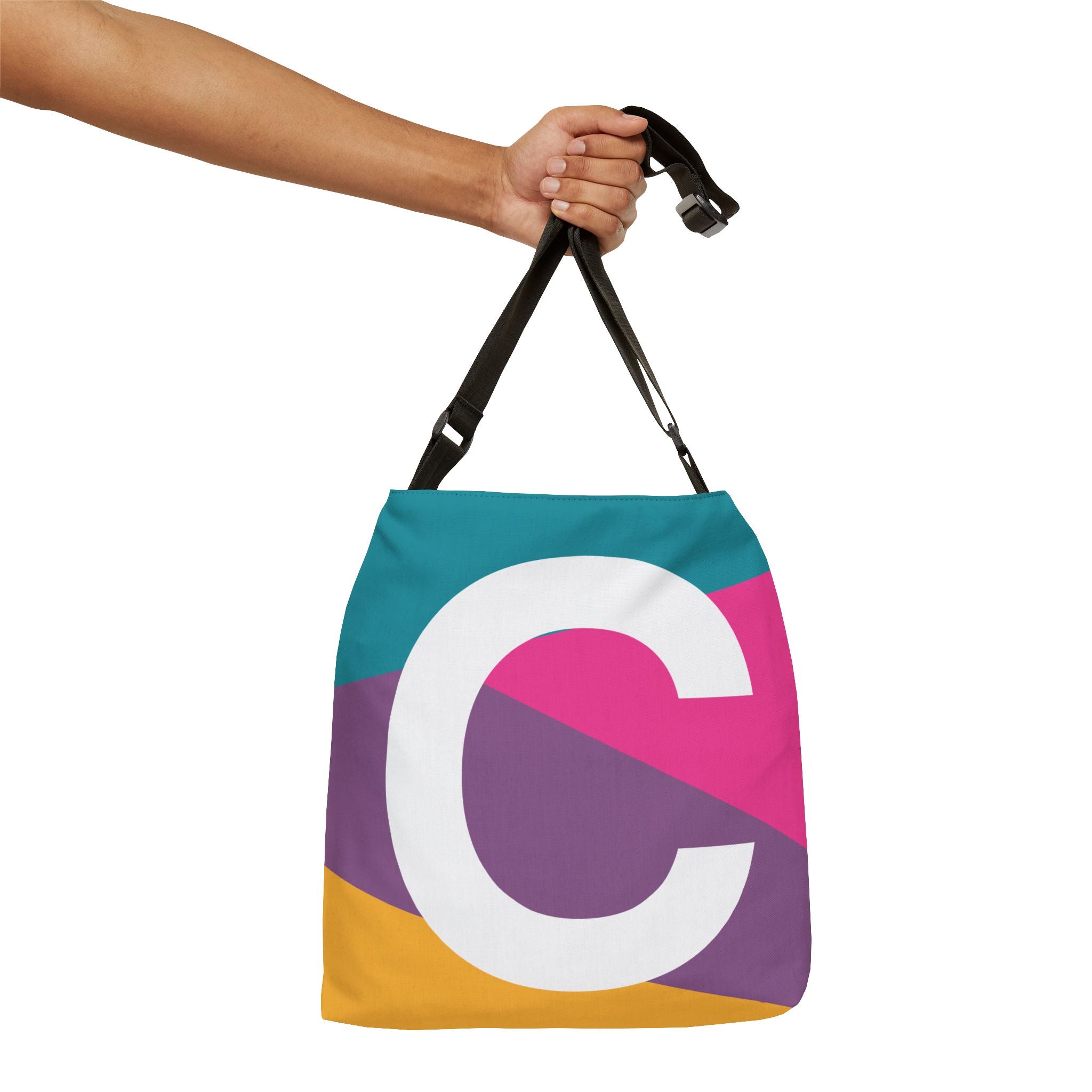 Initial Letter 'C' Colorblock Adjustable Tote Bag — Monogram Alphabet Shoulder Bag