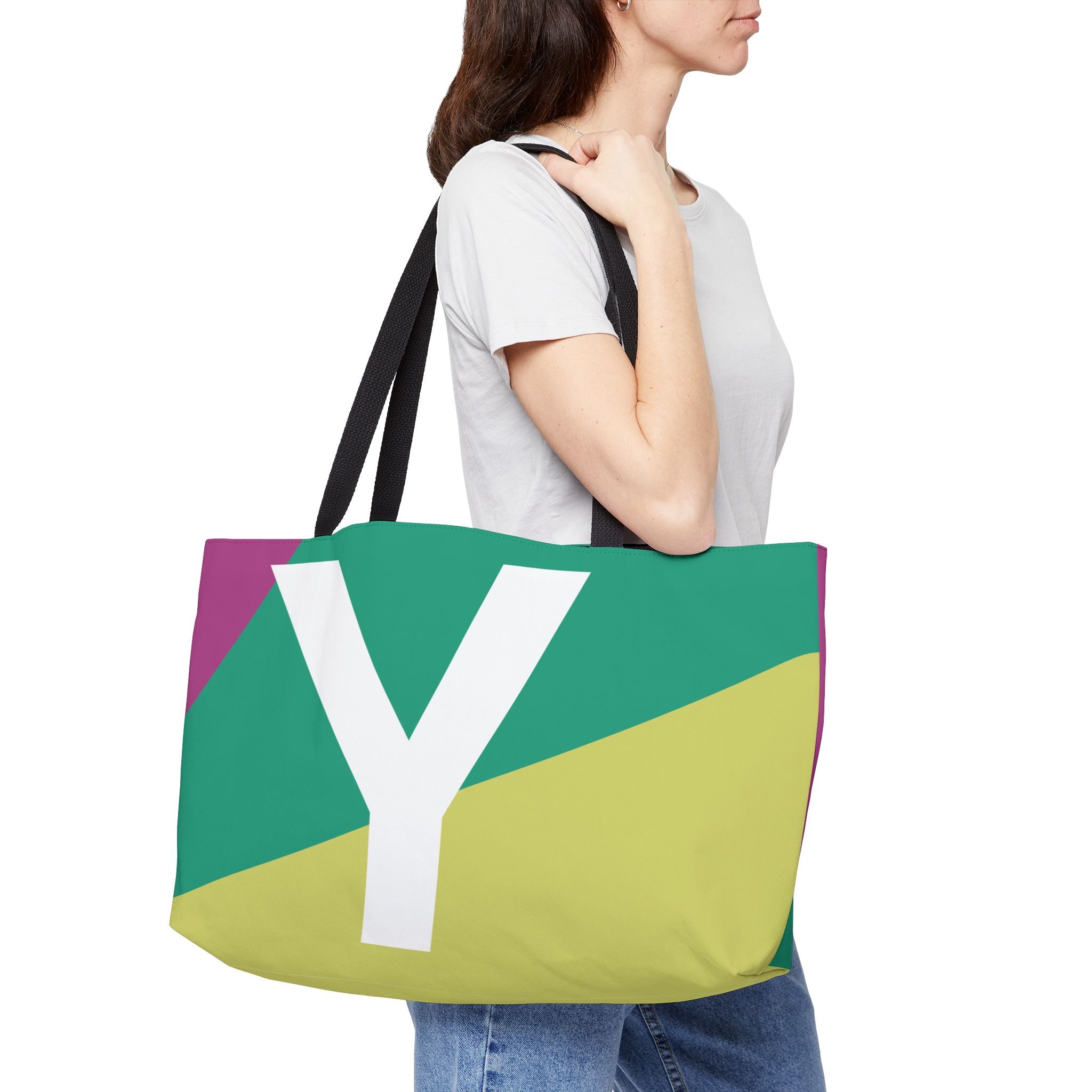 Personalized 'Y' Colorblock Tote Bag — Monogram Weekender Tote