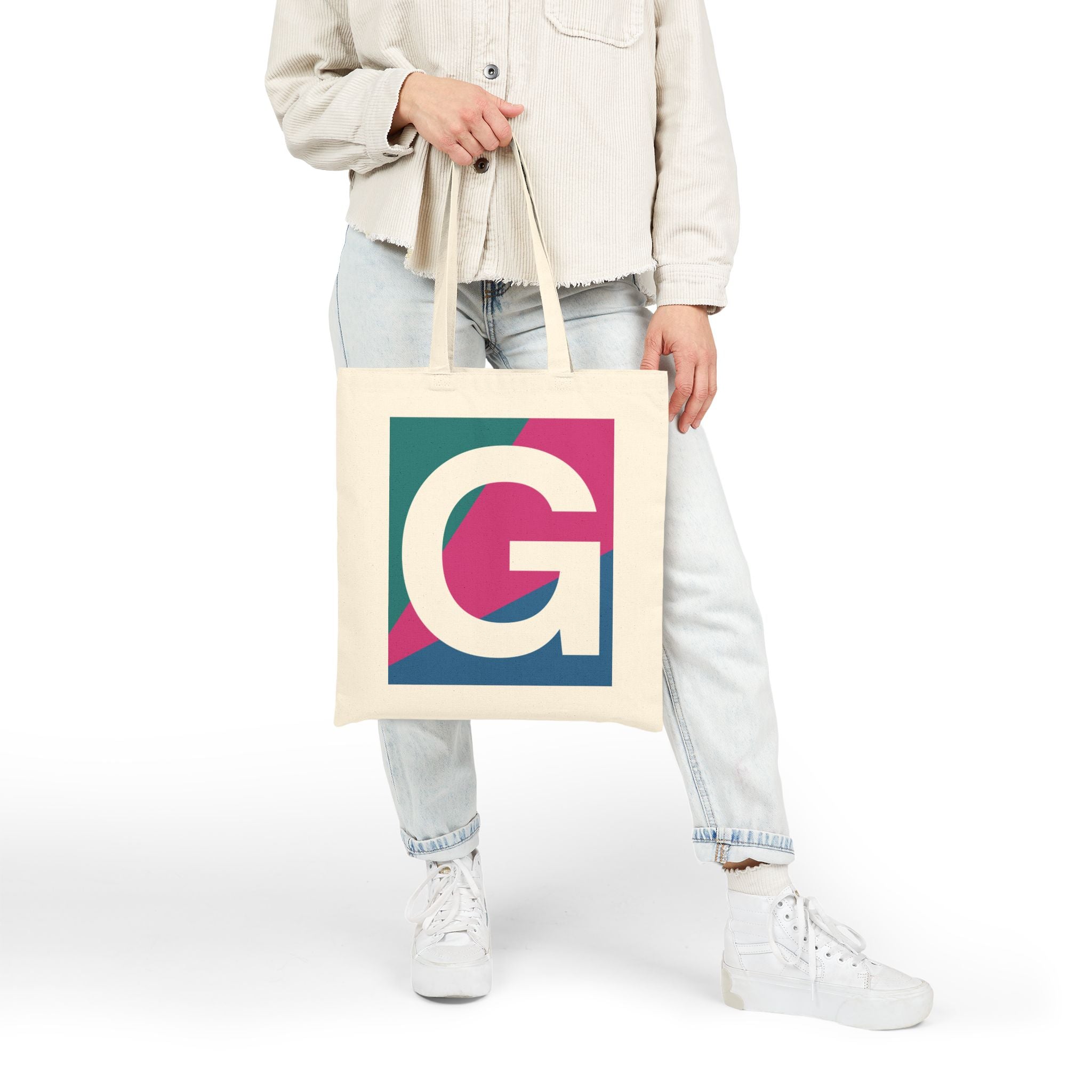 Initial G Colorblock Canvas Tote Bag — Monogram Letter G Reusable Grocery Tote