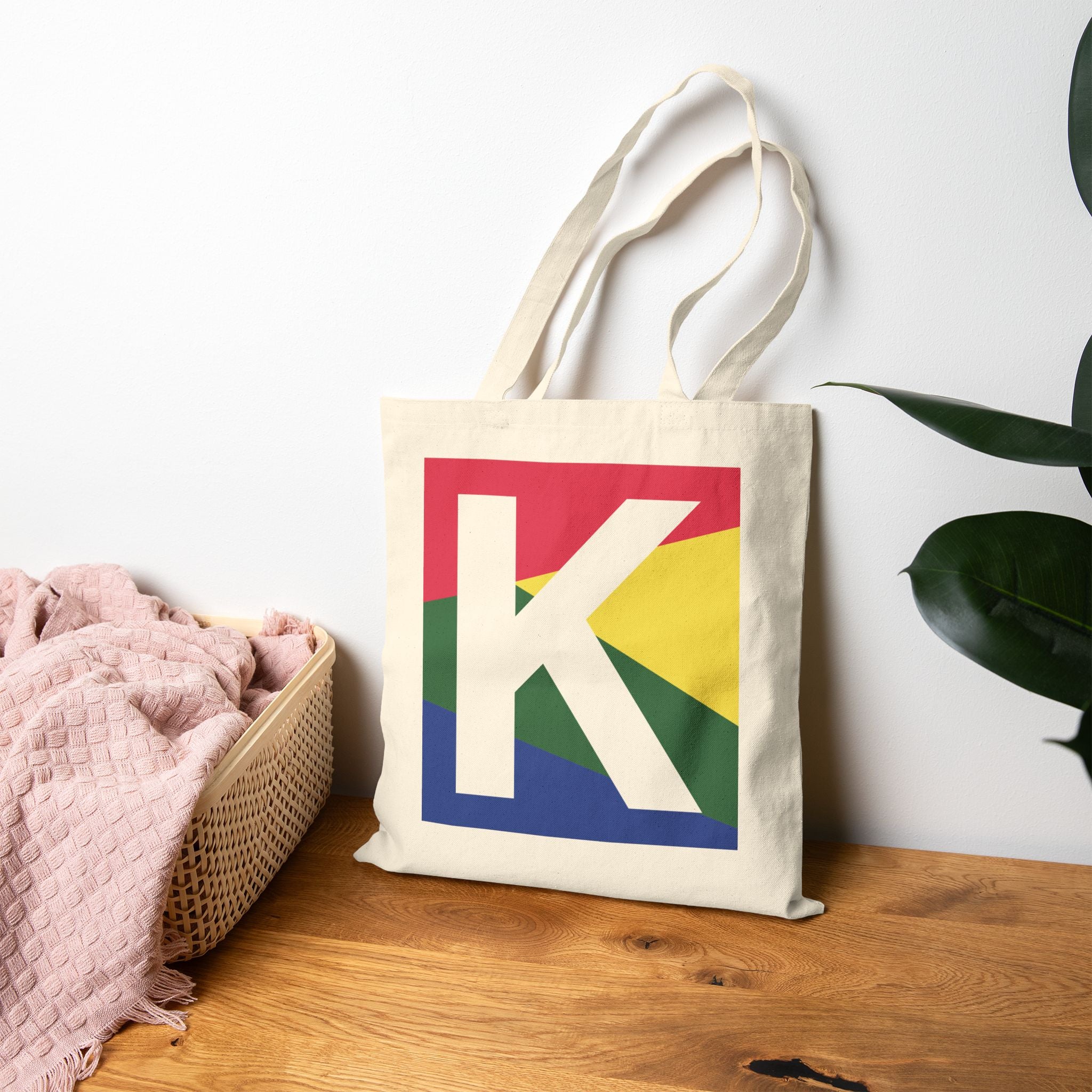 Initial K Colorblock Canvas Tote Bag — Monogram Letter K Reusable Grocery Tote
