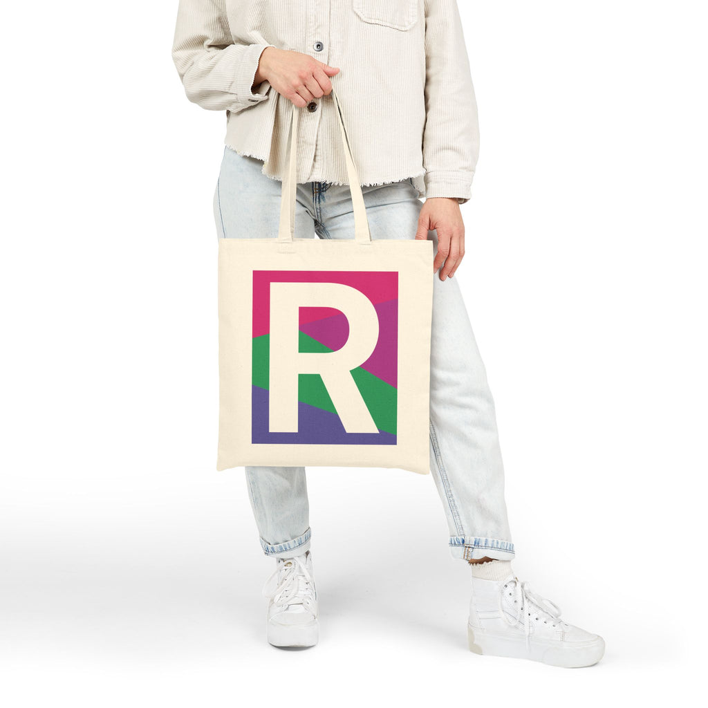 Initial R Colorblock Canvas Tote Bag — Monogram Letter R Reusable Grocery Tote