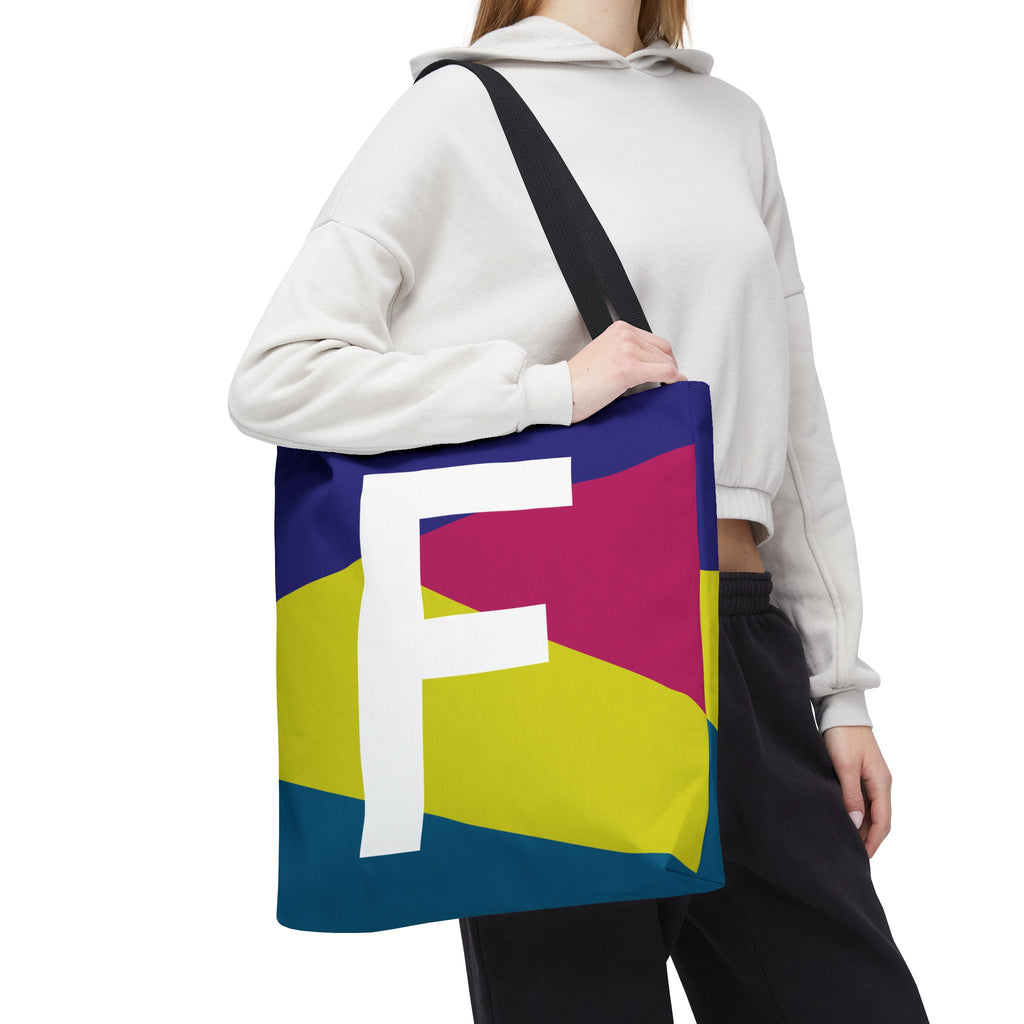 Monogram 'F' Colorblock Tote Bag — Personalized Initial F Shoulder Tote