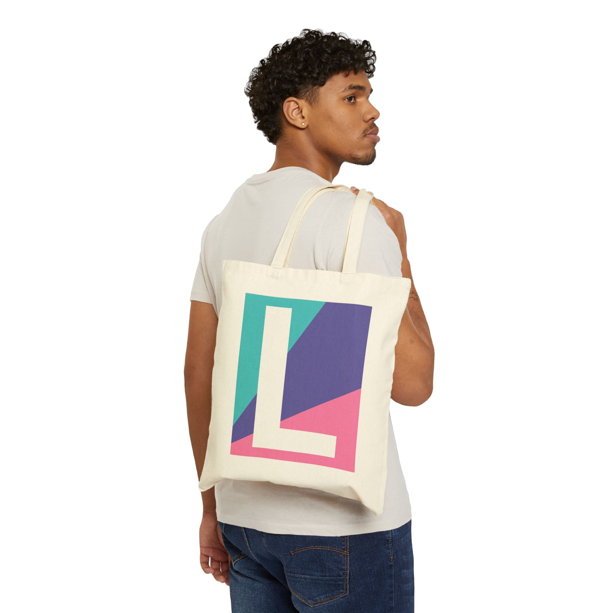 Initial L Colorblock Canvas Tote Bag — Monogram Letter L Reusable Grocery Tote