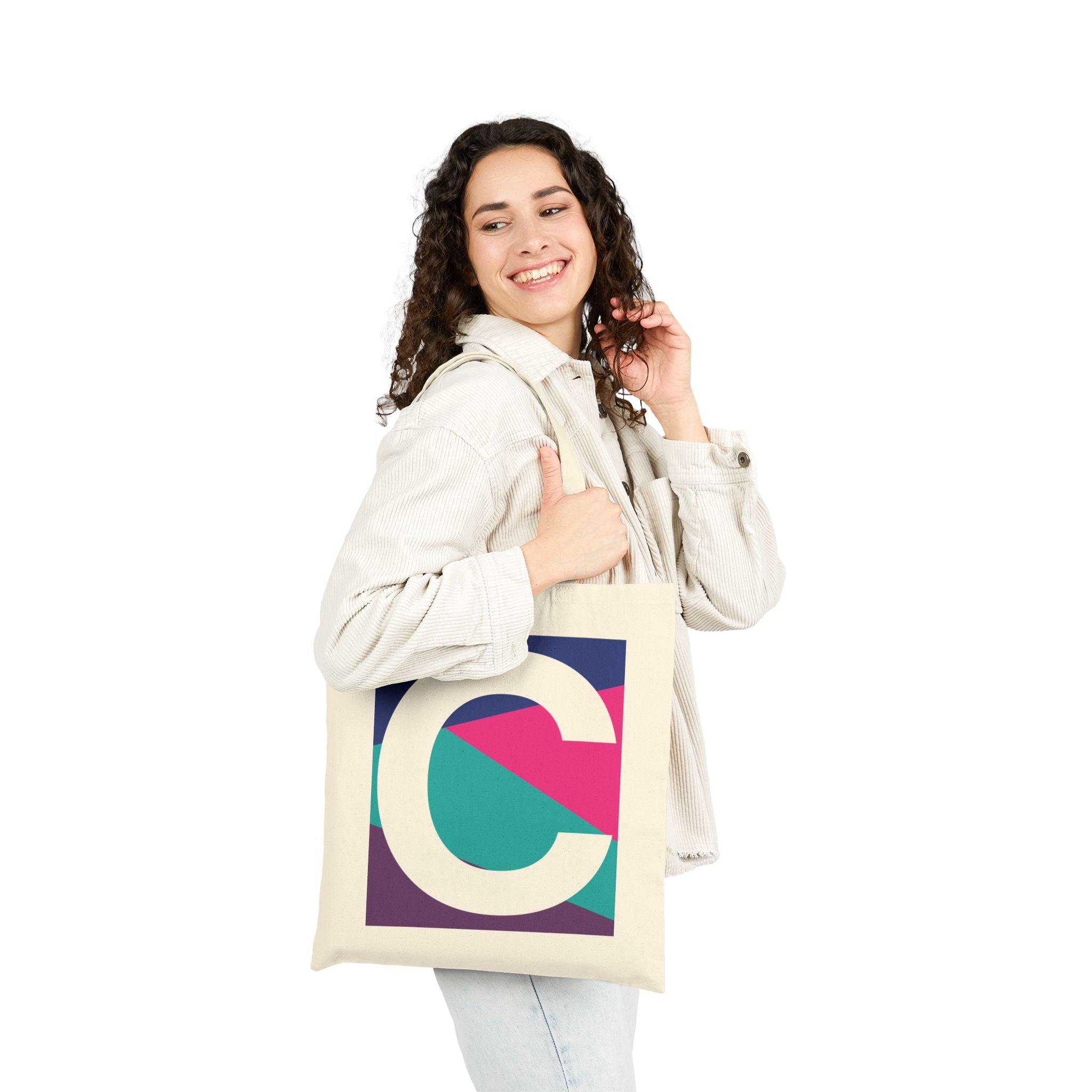 Initial C Colorblock Canvas Tote Bag — Monogram Letter C Reusable Grocery Tote