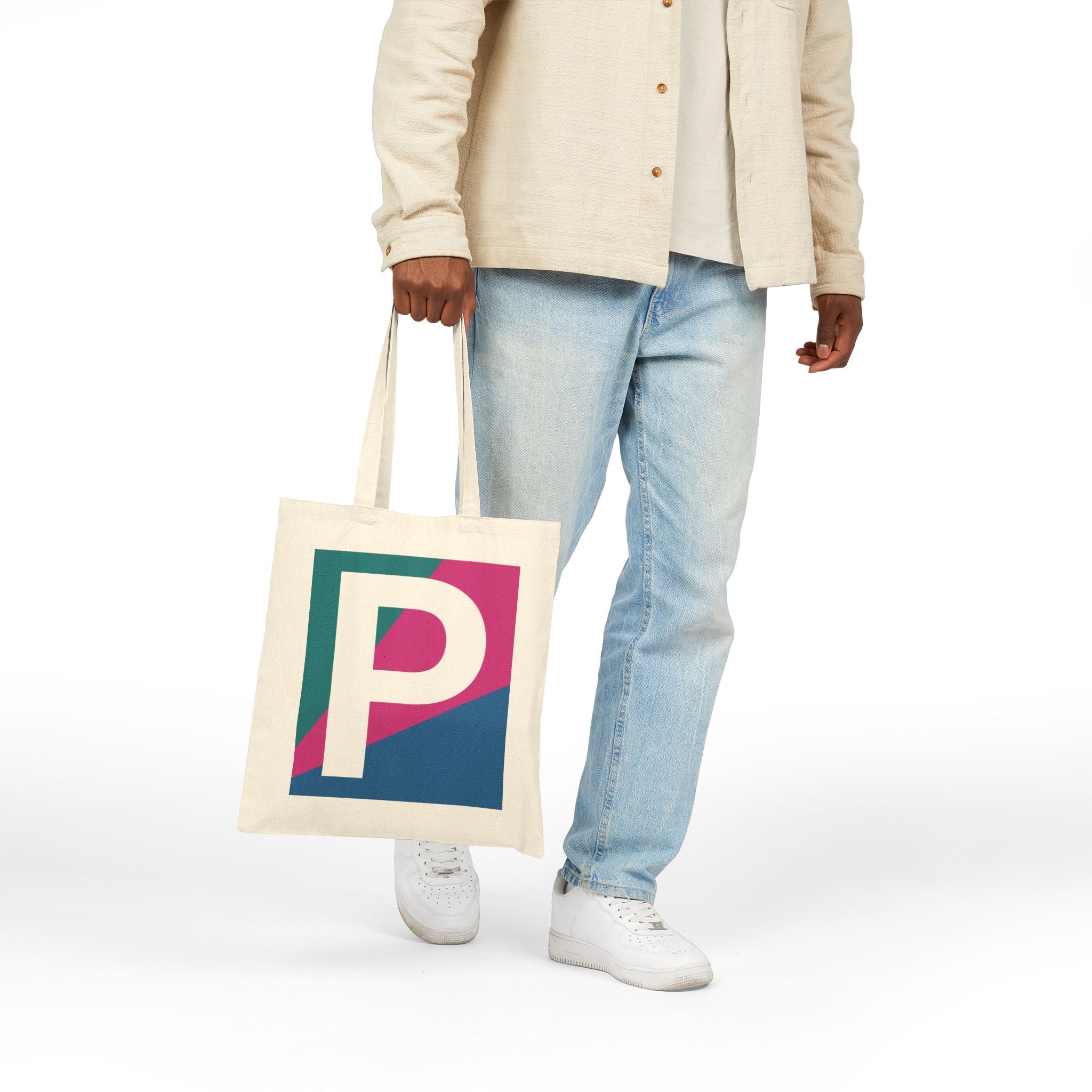 Initial P Colorblock Canvas Tote Bag — Monogram Letter P Reusable Grocery Tote