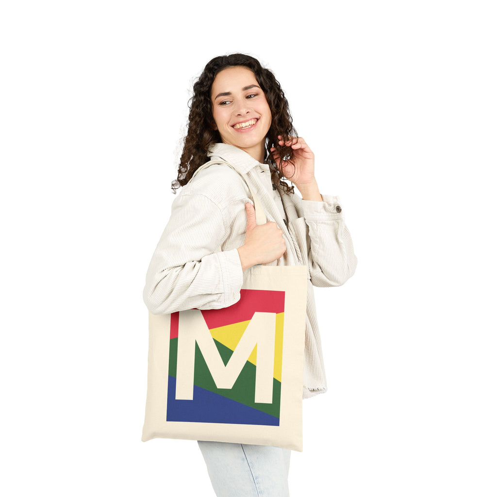 Initial M Colorblock Canvas Tote Bag — Monogram Letter M Reusable Grocery Tote