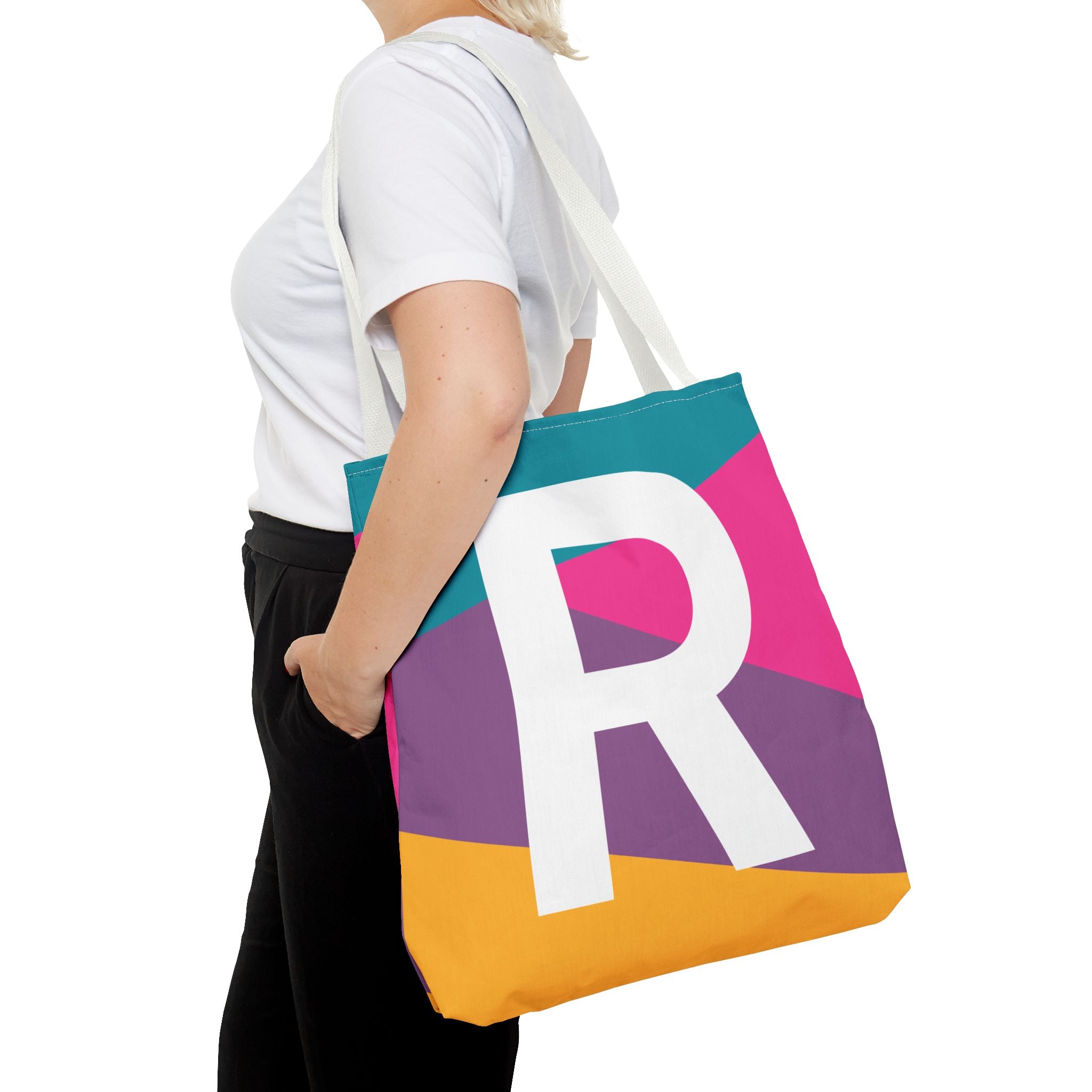Monogram 'R' Colorblock Tote Bag — Personalized Initial R Shoulder Tote