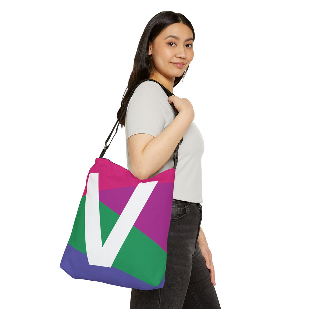 Initial Letter 'V' Colorblock Adjustable Tote Bag — Monogram Alphabet Shoulder Bag