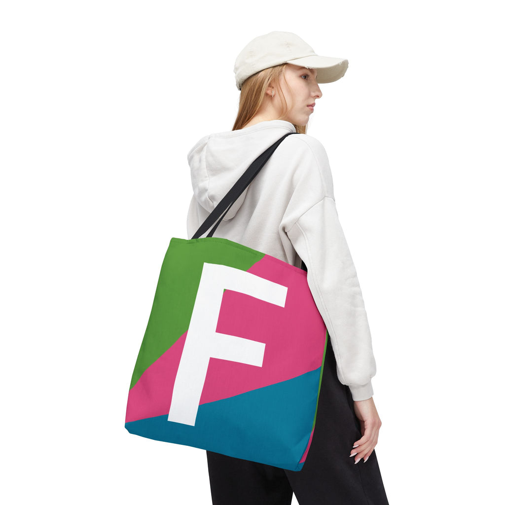 Monogram 'F' Colorblock Tote Bag — Personalized Initial F Shoulder Tote