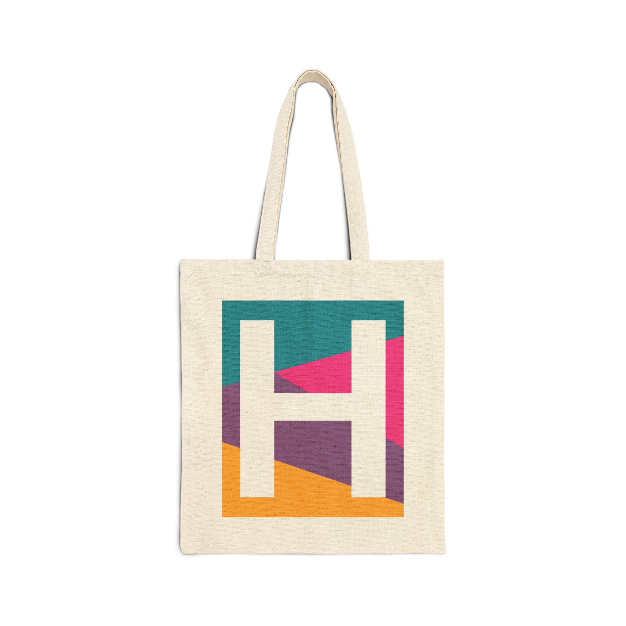 Initial H Colorblock Canvas Tote Bag — Monogram Letter H Reusable Grocery Tote