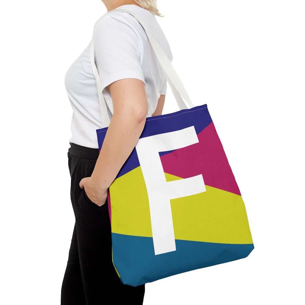 Monogram 'F' Colorblock Tote Bag — Personalized Initial F Shoulder Tote