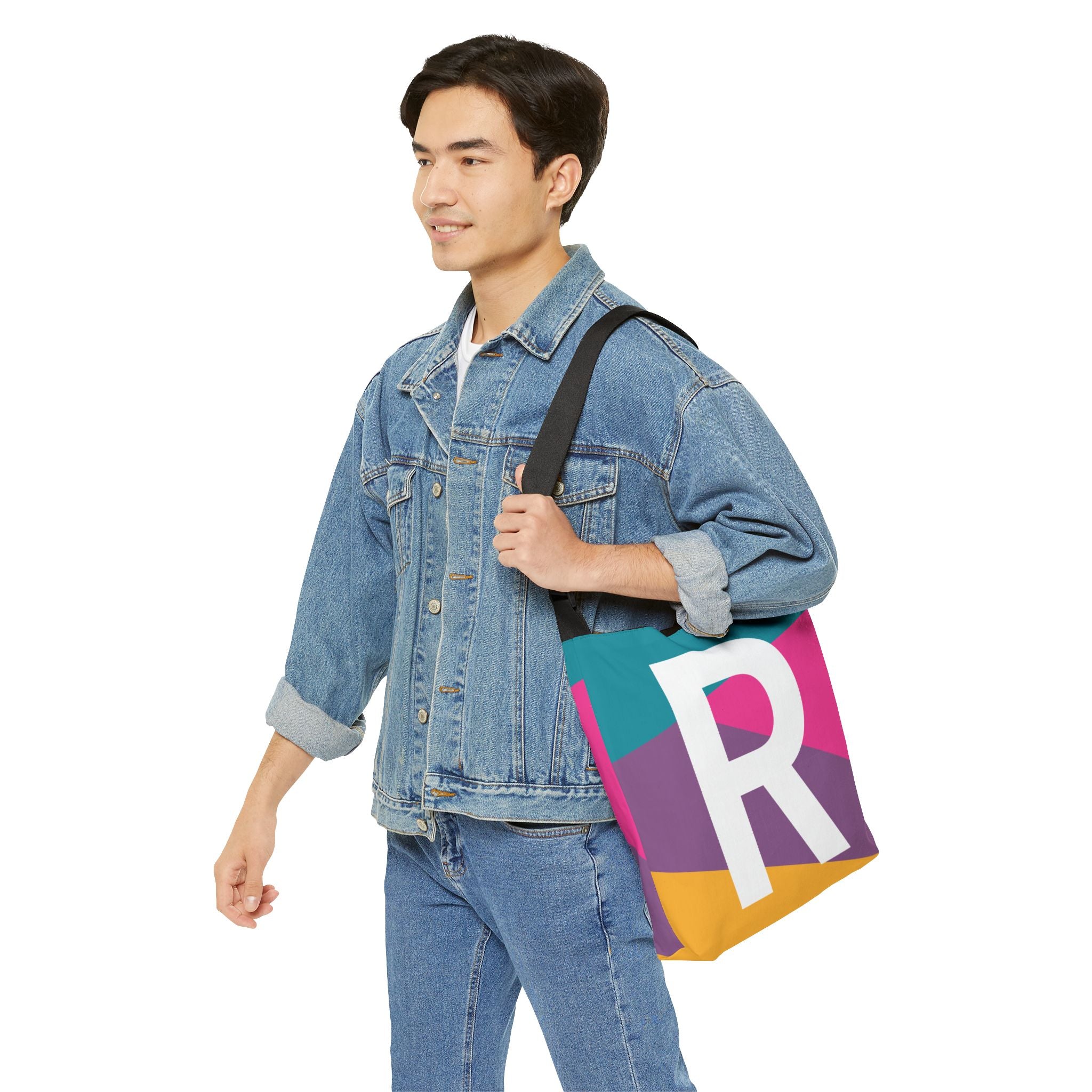 Initial Letter 'R' Colorblock Adjustable Tote Bag — Monogram Alphabet Shoulder Bag