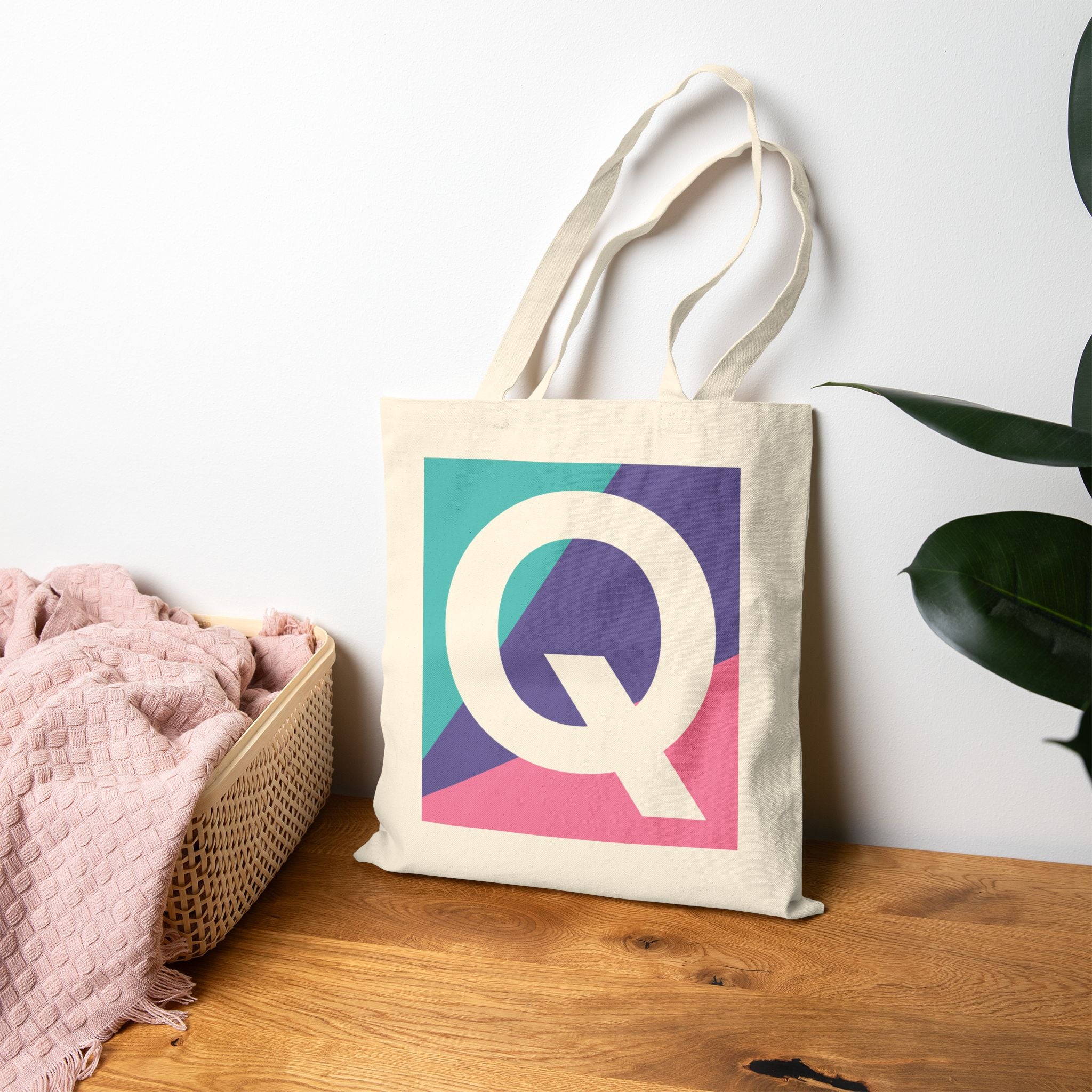 Initial Q Colorblock Canvas Tote Bag — Monogram Letter Q Reusable Grocery Tote