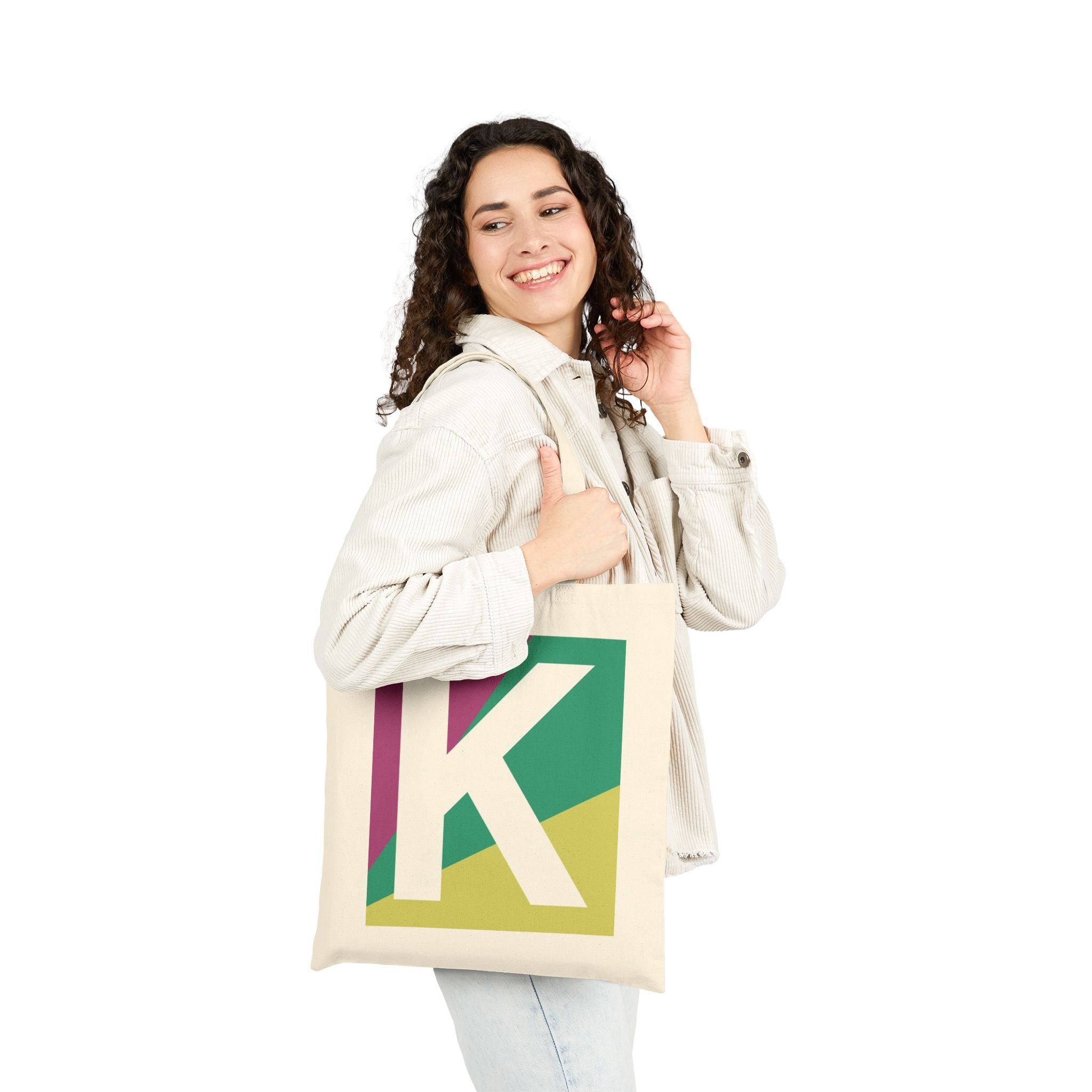 Initial K Colorblock Canvas Tote Bag — Monogram Letter K Reusable Grocery Tote