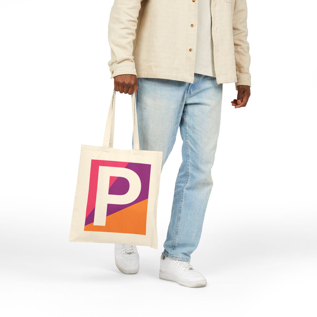 Initial P Colorblock Canvas Tote Bag — Monogram Letter P Reusable Grocery Tote