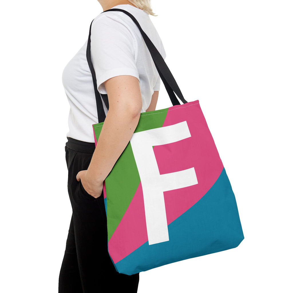 Monogram 'F' Colorblock Tote Bag — Personalized Initial F Shoulder Tote