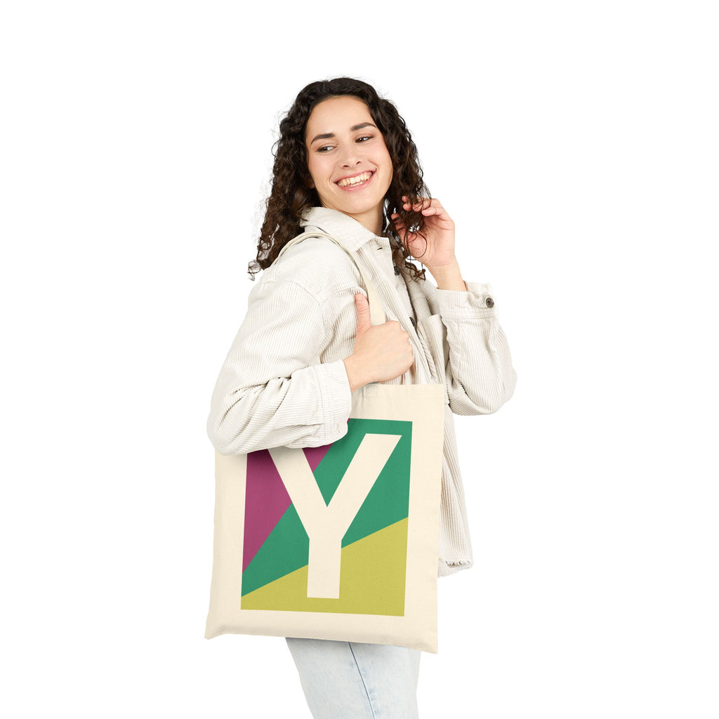Initial Y Colorblock Canvas Tote Bag — Monogram Letter Y Reusable Grocery Tote