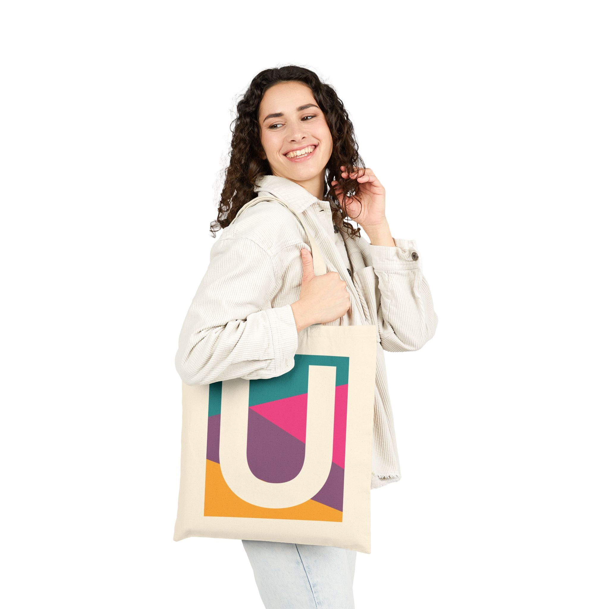 Initial U Colorblock Canvas Tote Bag — Monogram Letter U Reusable Grocery Tote